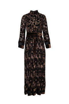 Vintage Geoffrey Beene Burnt Velvet Long Sleeved Chocolate Brown Belted Dress