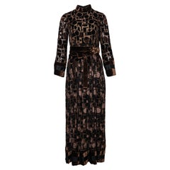 Vintage Geoffrey Beene Burnt Velvet Long Sleeved Chocolate Brown Belted Dress