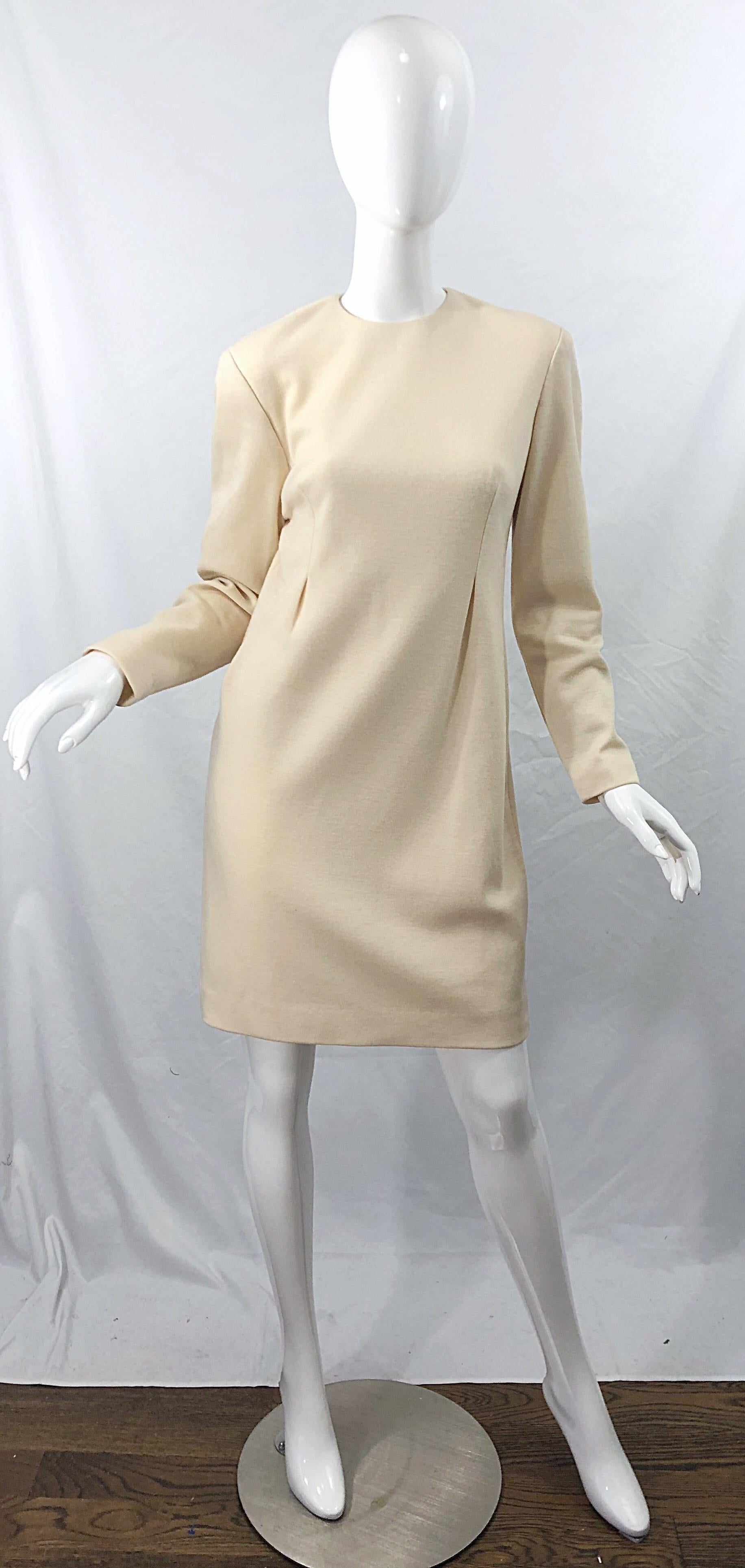 Vintage Geoffrey Beene for Bergdorf Goodman Size 10 Ivory Off White Wool Dress For Sale 8