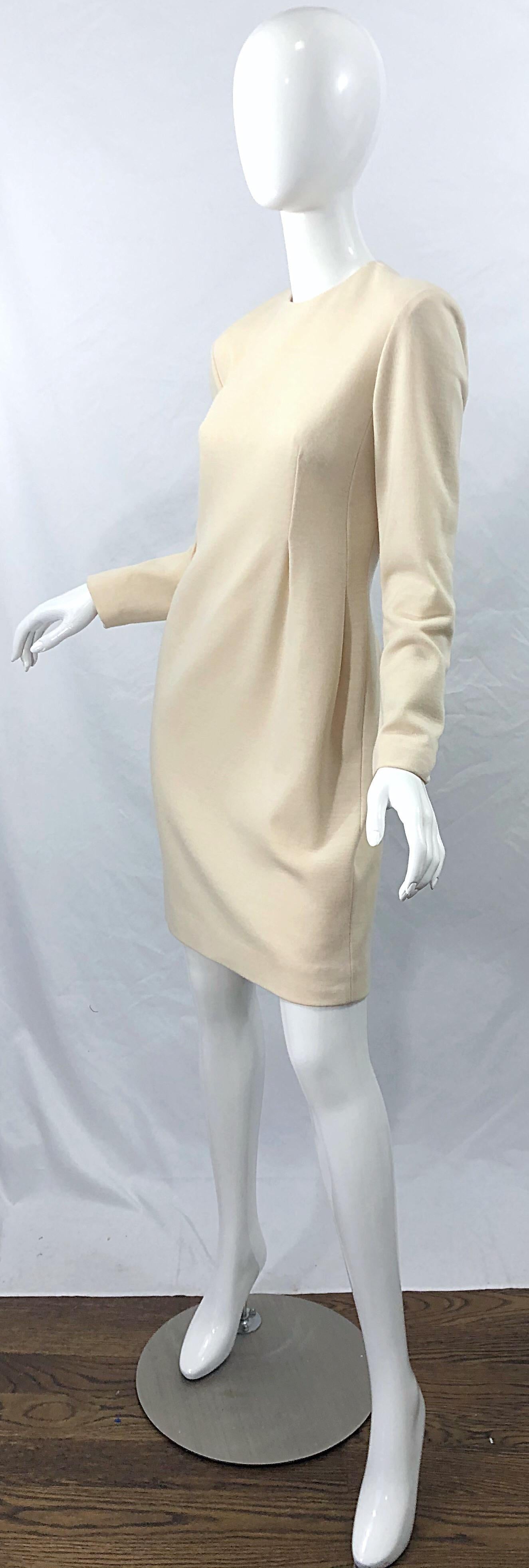 Vintage Geoffrey Beene für Bergdorf Goodman Größe 10 Elfenbein aus weißer Wolle Kleid Damen im Angebot