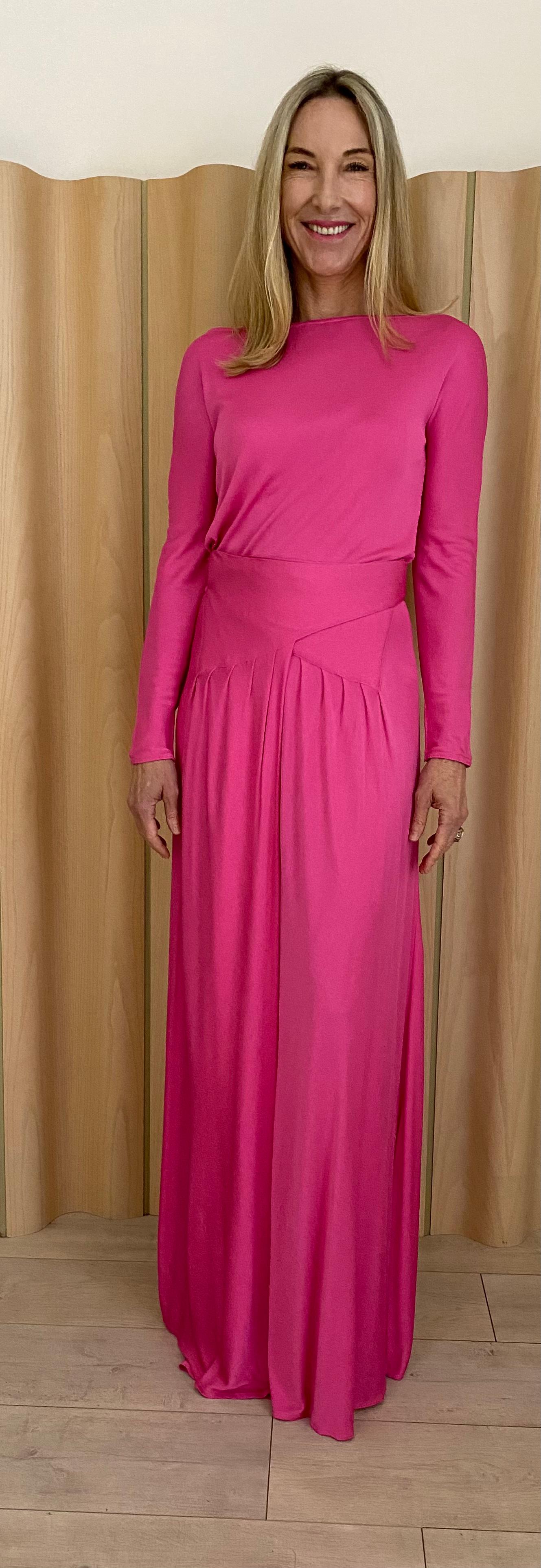 Vintage Geoffrey Beene Hot Pink Matte Jersey Blouse Skirt Set For Sale 4