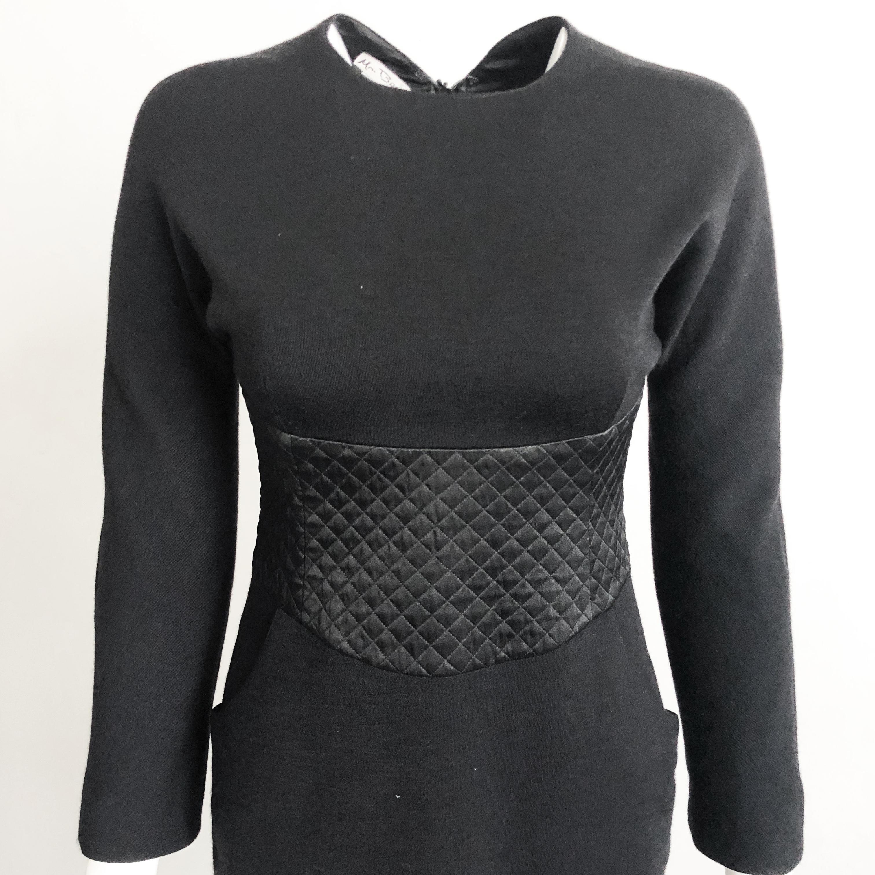 Vintage Geoffrey Beene Little Black Dress Wool & Silk Satin Size 6  In Good Condition In Port Saint Lucie, FL