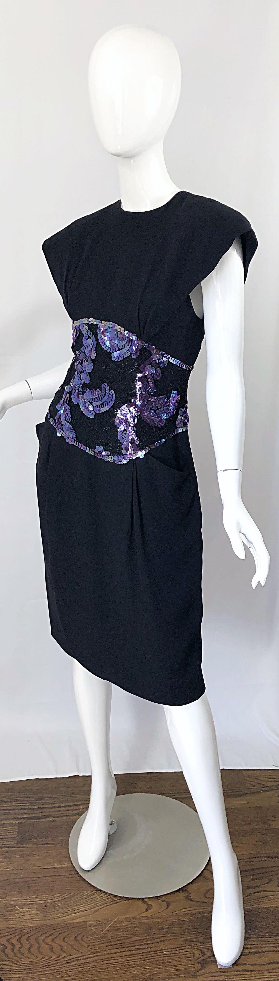 1980s Geoffrey Beene Size 8 10 Avant Garde Black Purple Sequin Lace Silk Dress For Sale 6