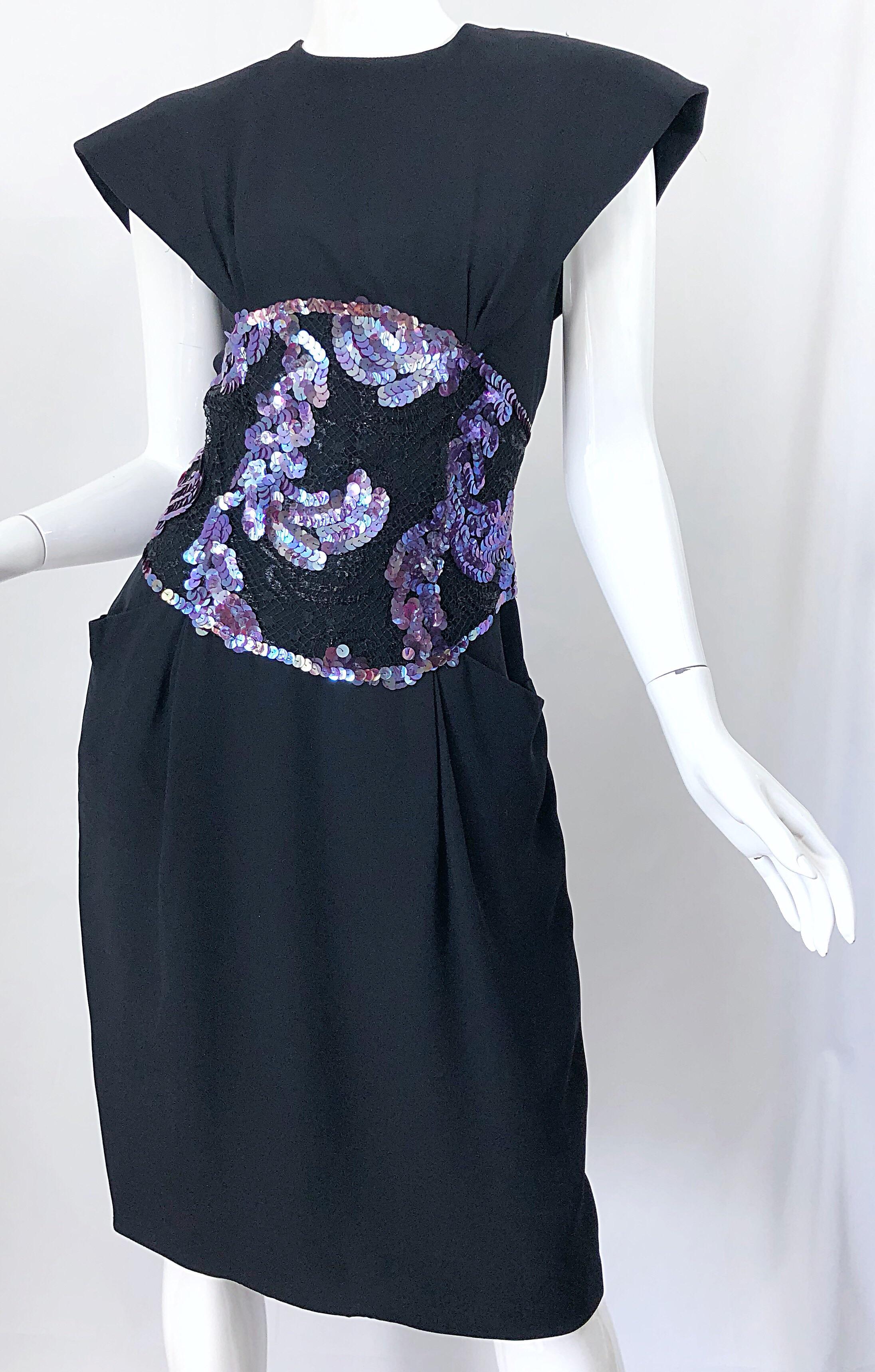 1980s Geoffrey Beene Size 8 10 Avant Garde Black Purple Sequin Lace Silk Dress For Sale 7