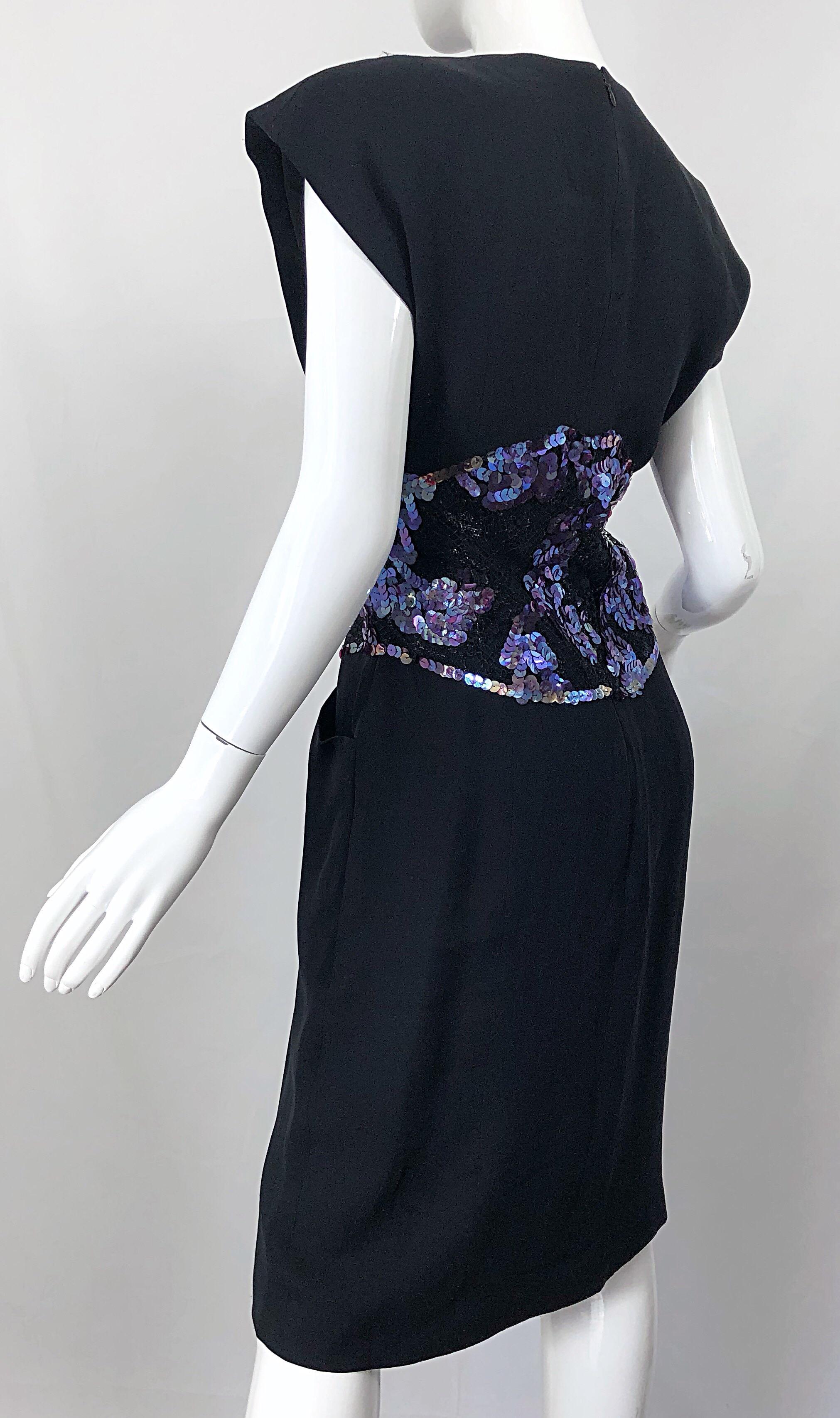 1980s Geoffrey Beene Size 8 10 Avant Garde Black Purple Sequin Lace Silk Dress For Sale 8
