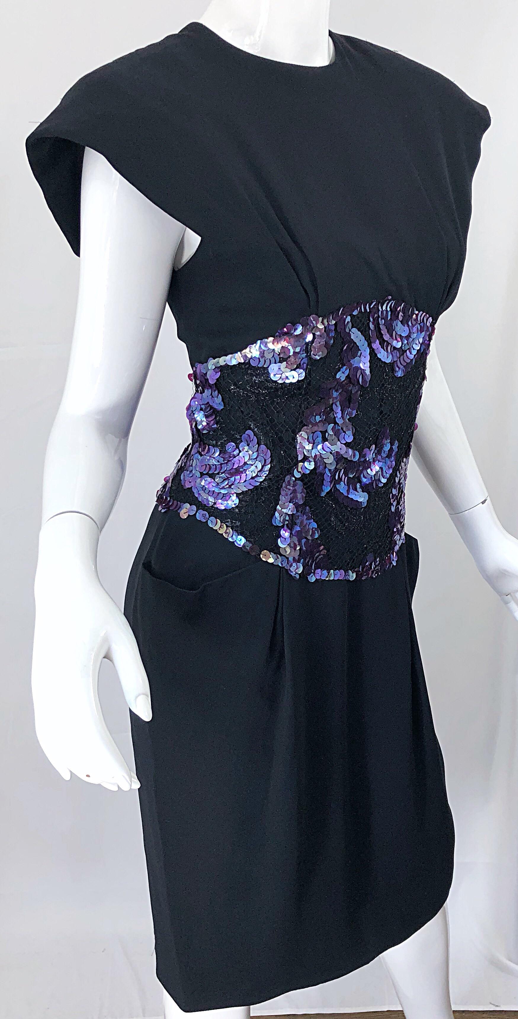 1980s Geoffrey Beene Size 8 10 Avant Garde Black Purple Sequin Lace Silk Dress For Sale 9