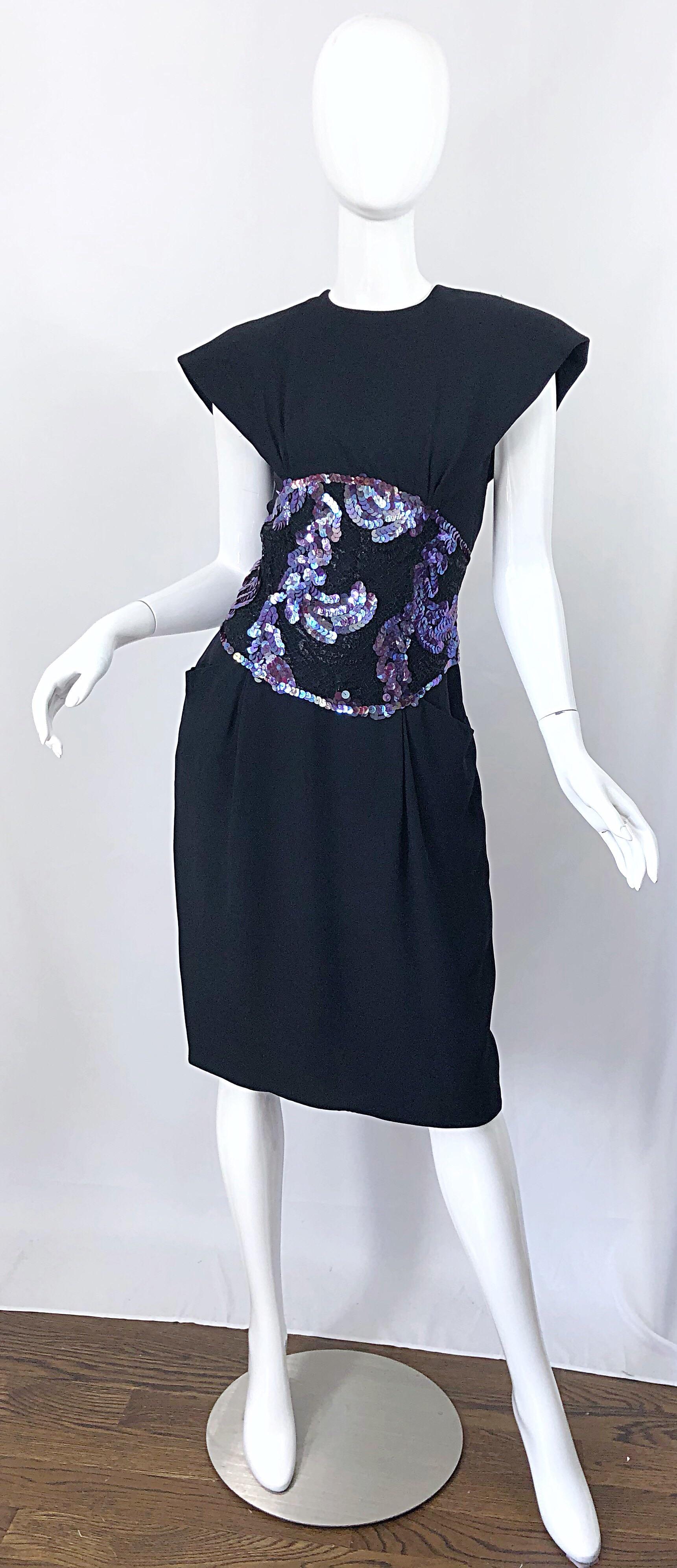 1980s Geoffrey Beene Size 8 10 Avant Garde Black Purple Sequin Lace Silk Dress For Sale 10