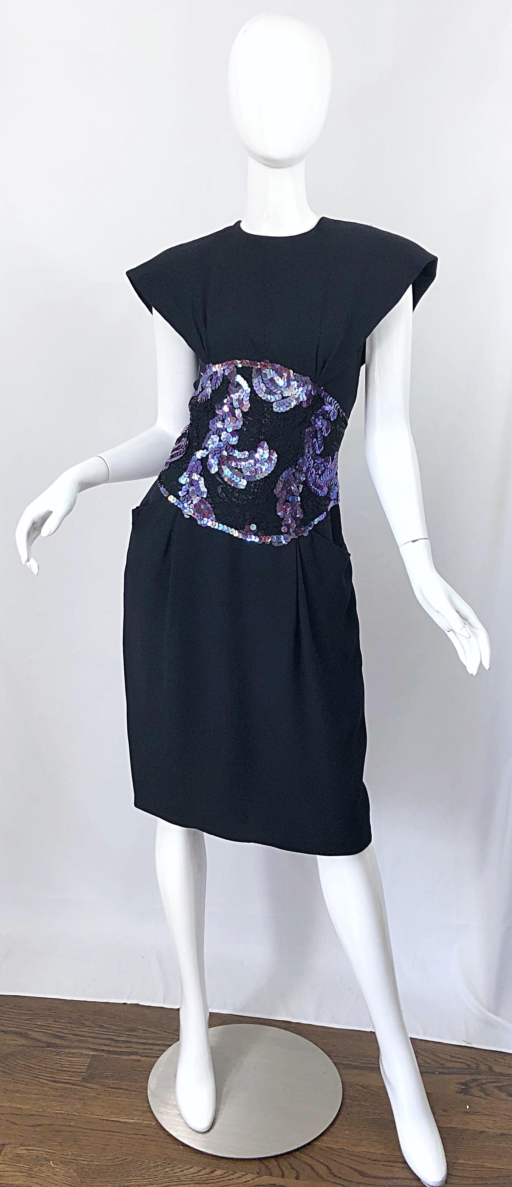Avant Garde vintage late 80s GEOFFREY BEENE black silk, lace and purple sequin cocktail dress! Features statement worthy strong shoulder with shoulder pads that could easily be removed, if desired. Super flattering and forgiving fit that looks great