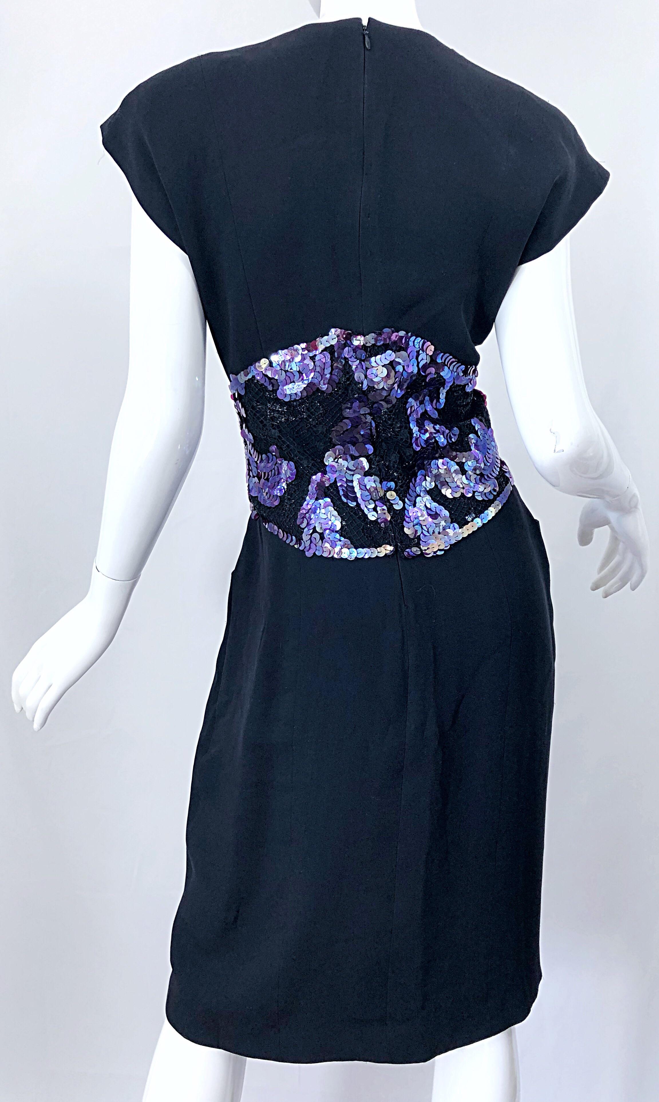 Geoffrey Beene - Robe en soie noire, violette, à paillettes et dentelle, avant-gardiste, taille 10 Excellent état - En vente à San Diego, CA