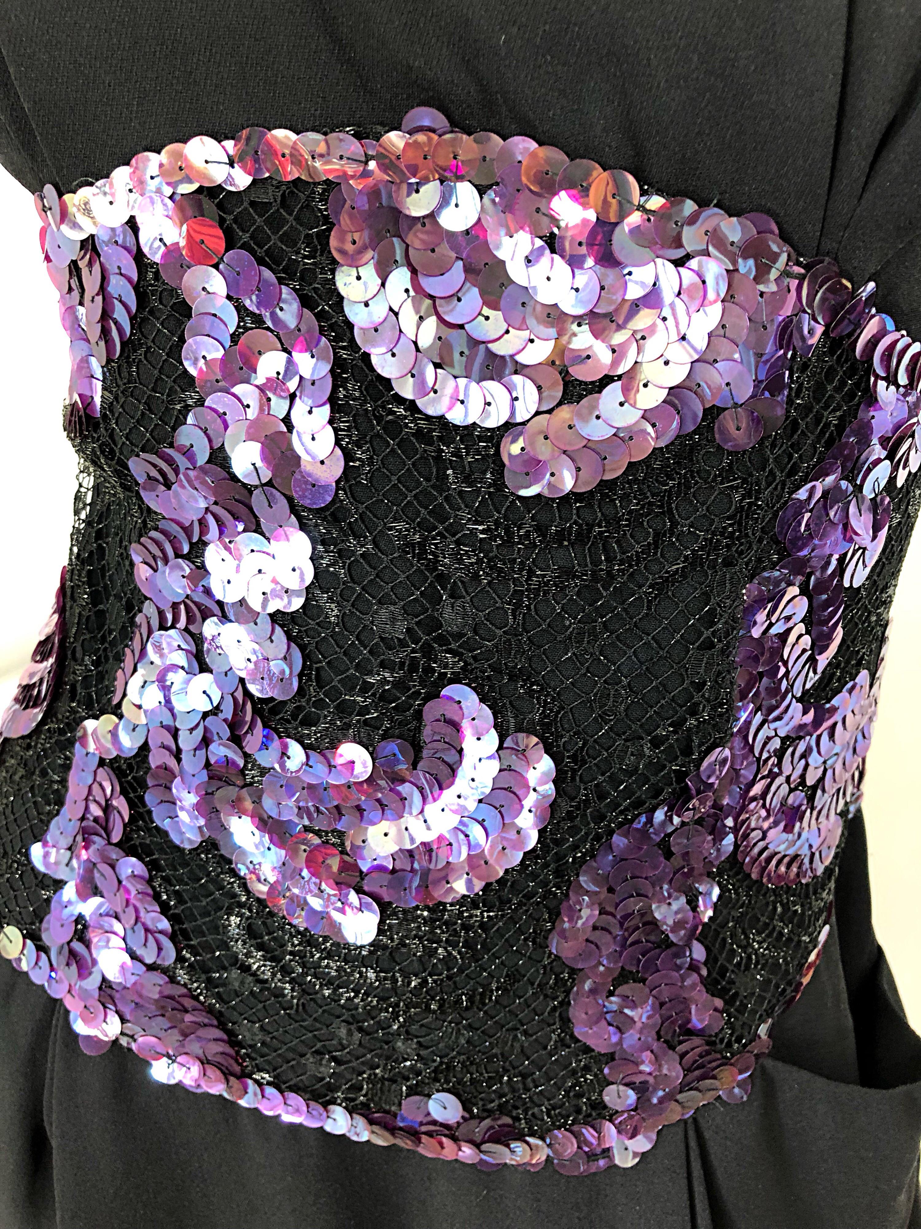 1980s Geoffrey Beene Size 8 10 Avant Garde Black Purple Sequin Lace Silk Dress For Sale 1