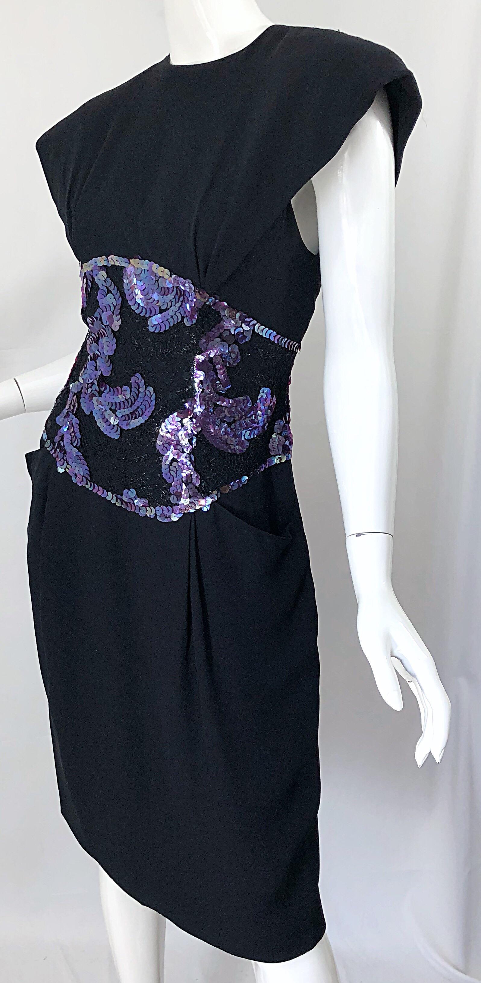1980s Geoffrey Beene Size 8 10 Avant Garde Black Purple Sequin Lace Silk Dress For Sale 2