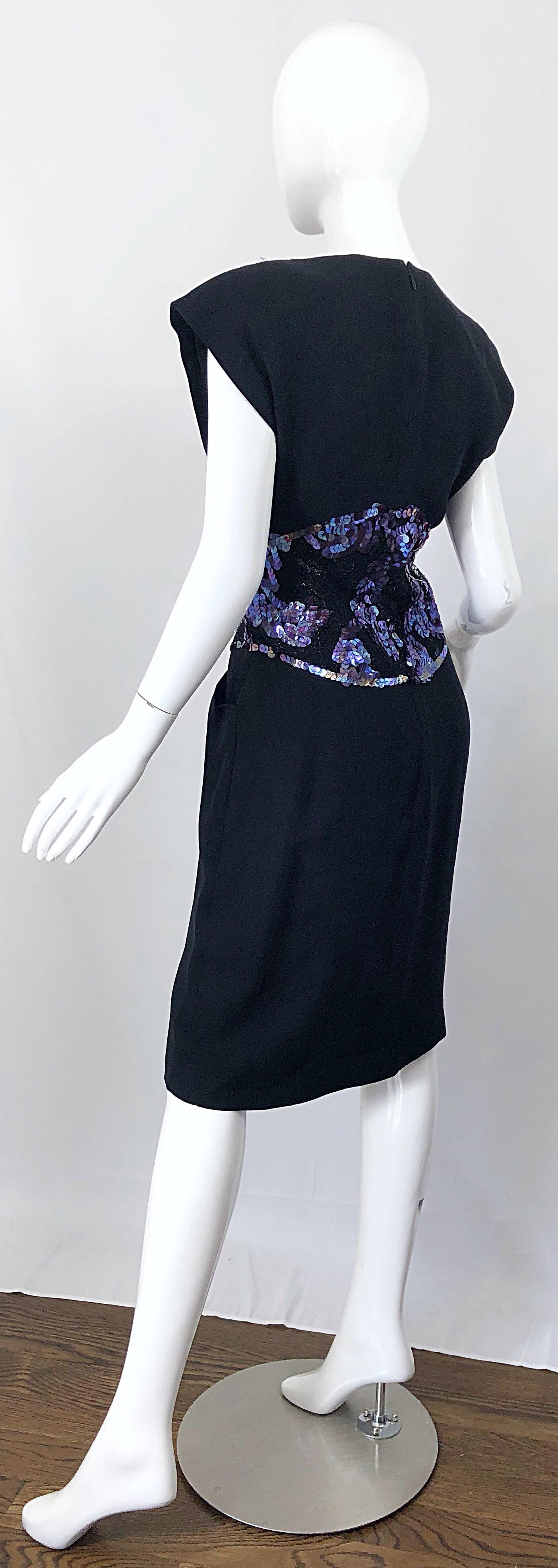 1980s Geoffrey Beene Size 8 10 Avant Garde Black Purple Sequin Lace Silk Dress For Sale 3