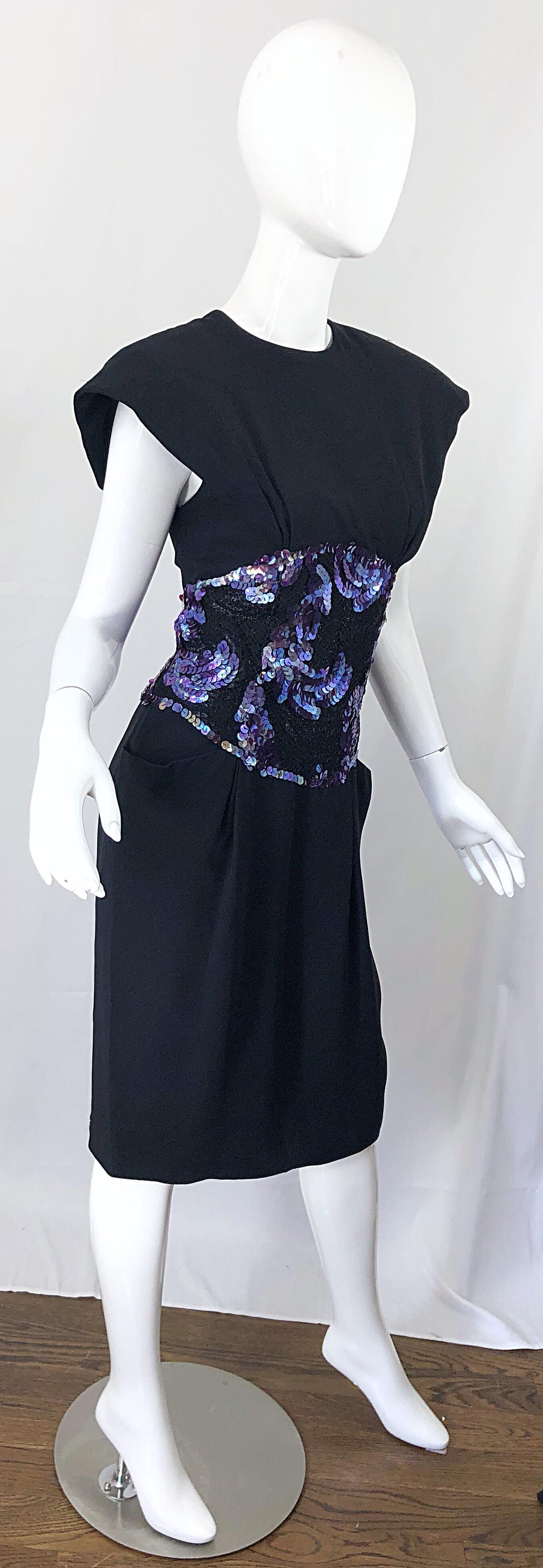 1980s Geoffrey Beene Size 8 10 Avant Garde Black Purple Sequin Lace Silk Dress For Sale 4