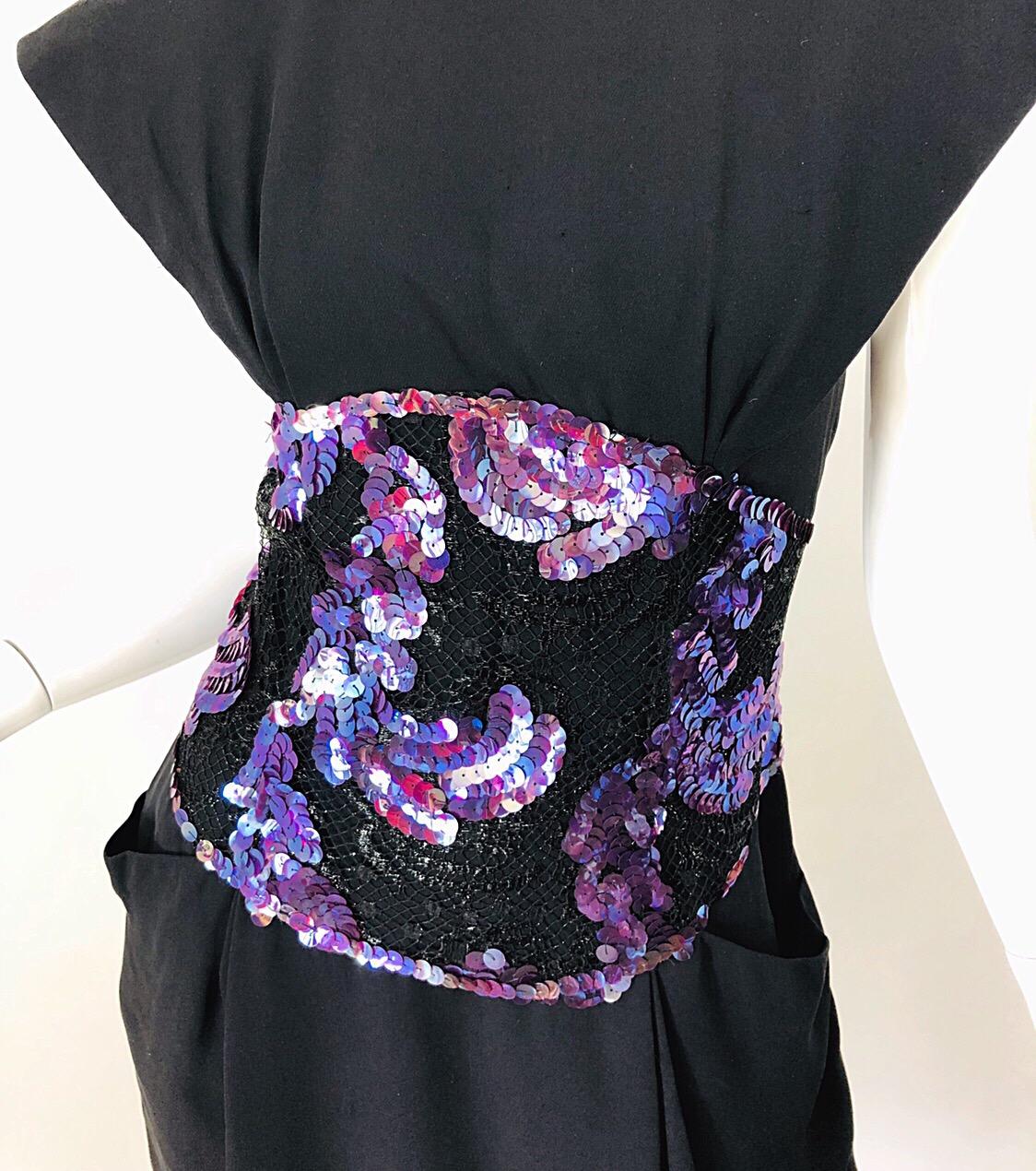 1980s Geoffrey Beene Size 8 10 Avant Garde Black Purple Sequin Lace Silk Dress For Sale 5