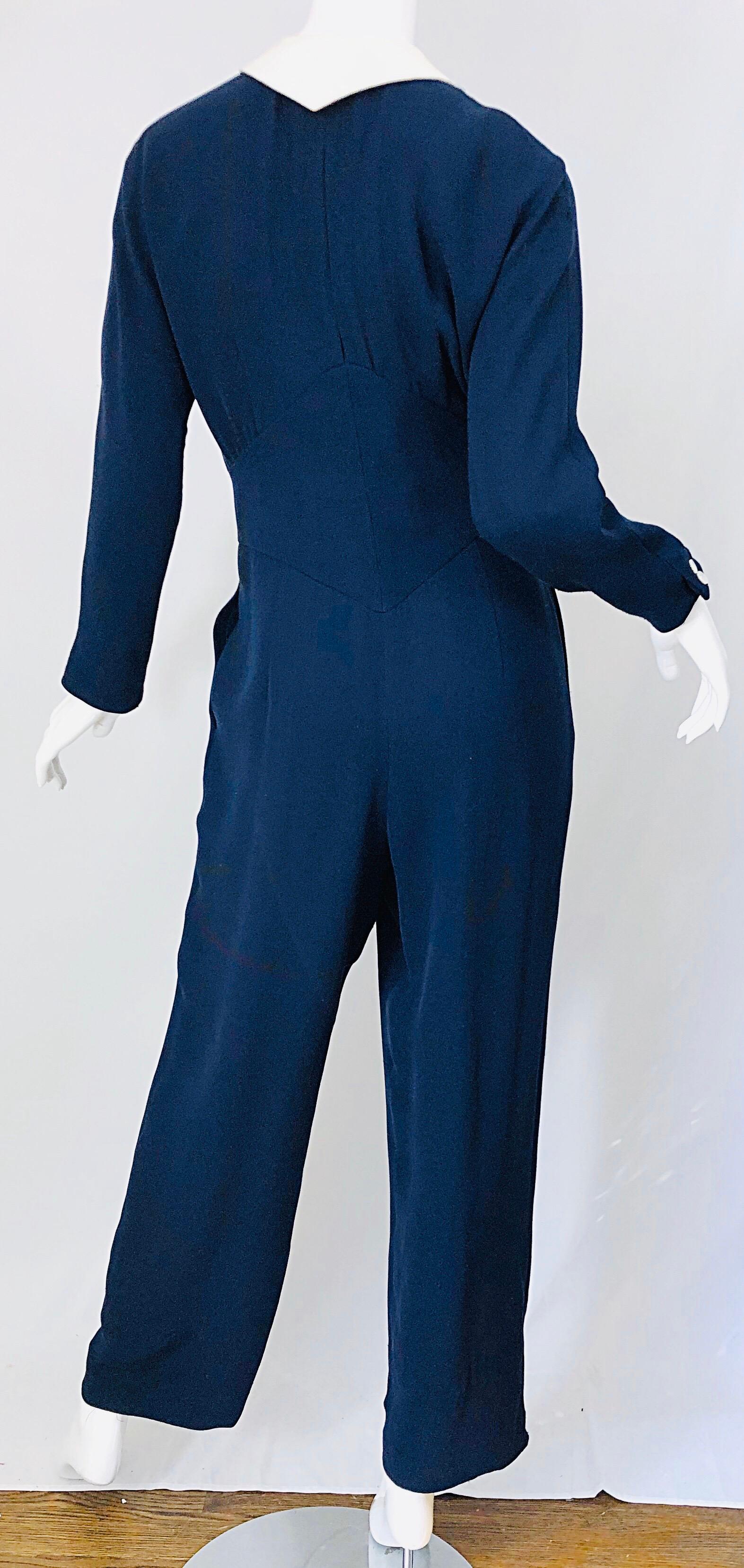 Vintage Geoffrey Beene Size 12 Navy Blue White Silk 80s Jumpsuit 1980s Nautical For Sale 3