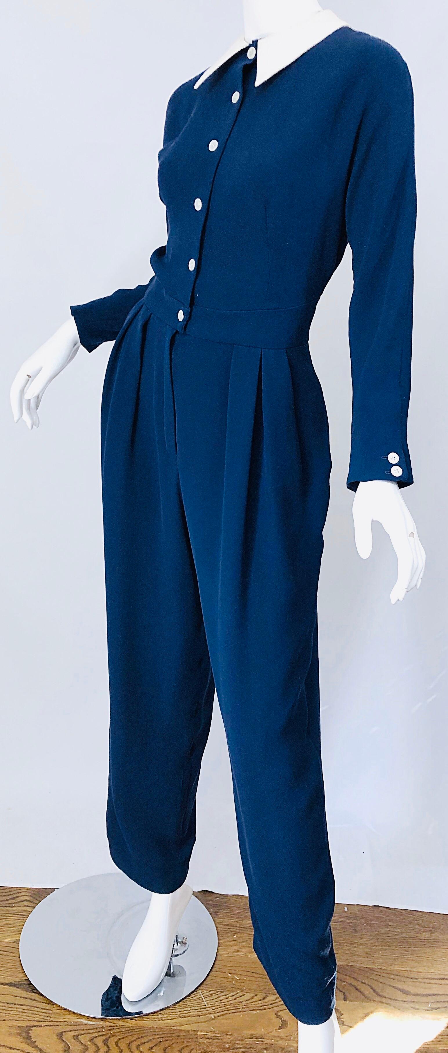 Vintage Geoffrey Beene Size 12 Navy Blue White Silk 80s Jumpsuit 1980s Nautical For Sale 4