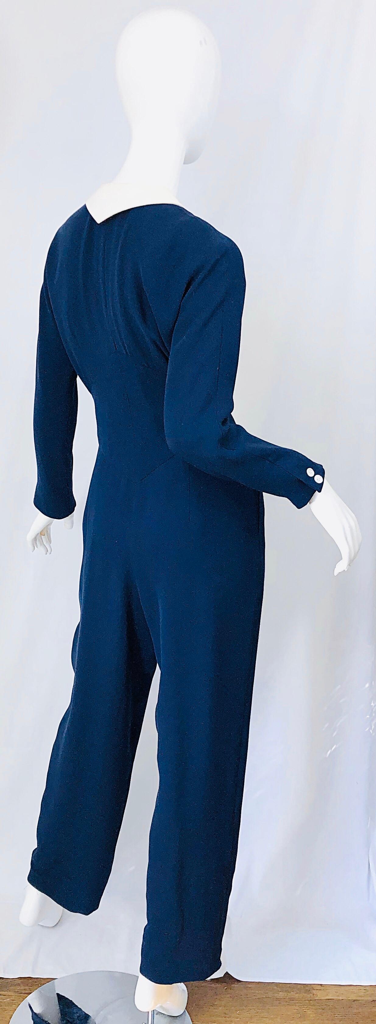 Vintage Geoffrey Beene Size 12 Navy Blue White Silk 80s Jumpsuit 1980s Nautical For Sale 5