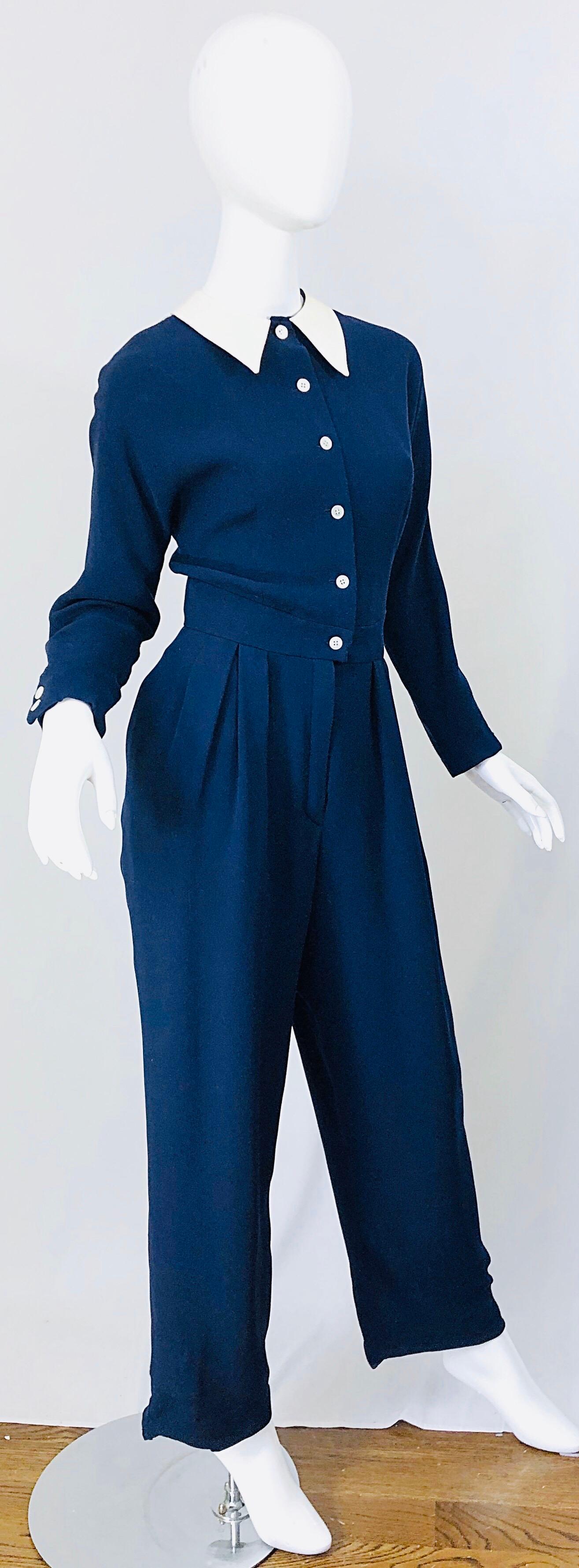 Vintage Geoffrey Beene Size 12 Navy Blue White Silk 80s Jumpsuit 1980s Nautical For Sale 6