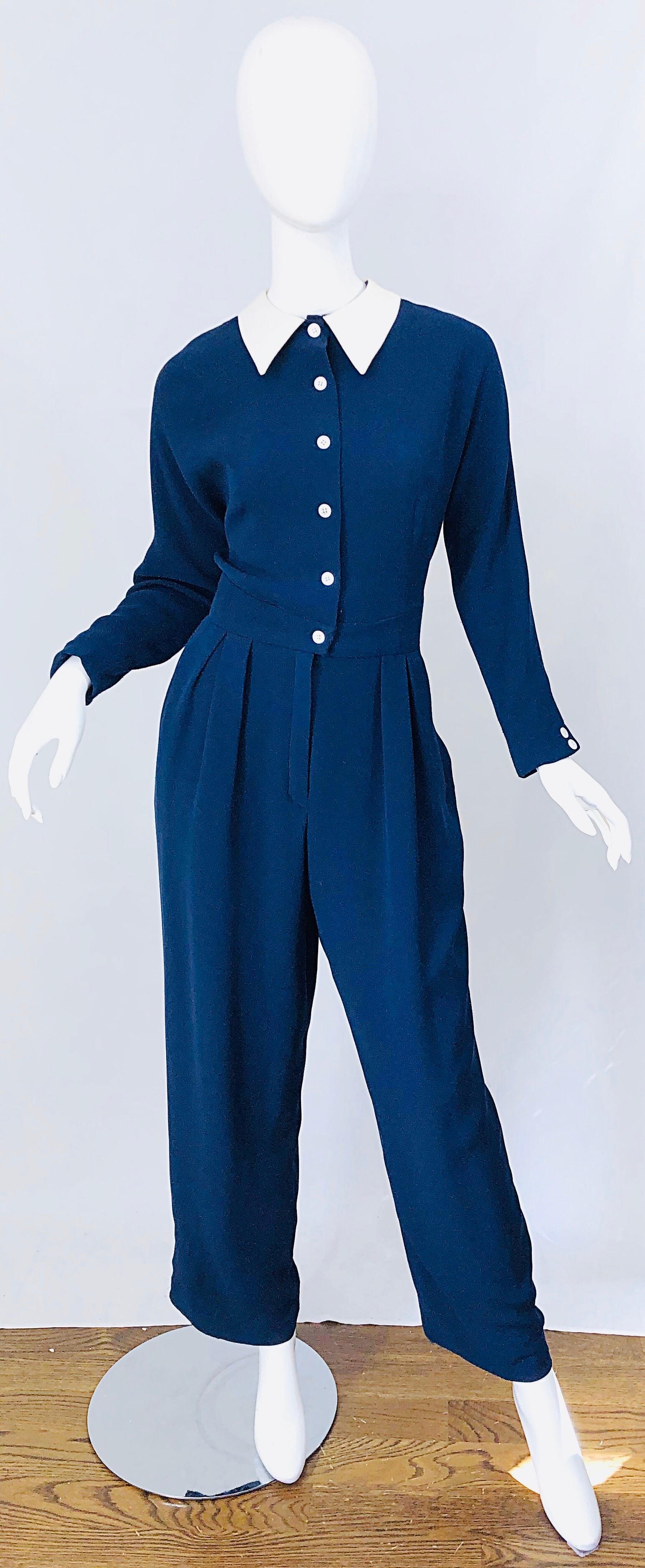 Vintage Geoffrey Beene Size 12 Navy Blue White Silk 80s Jumpsuit 1980s Nautical For Sale 7