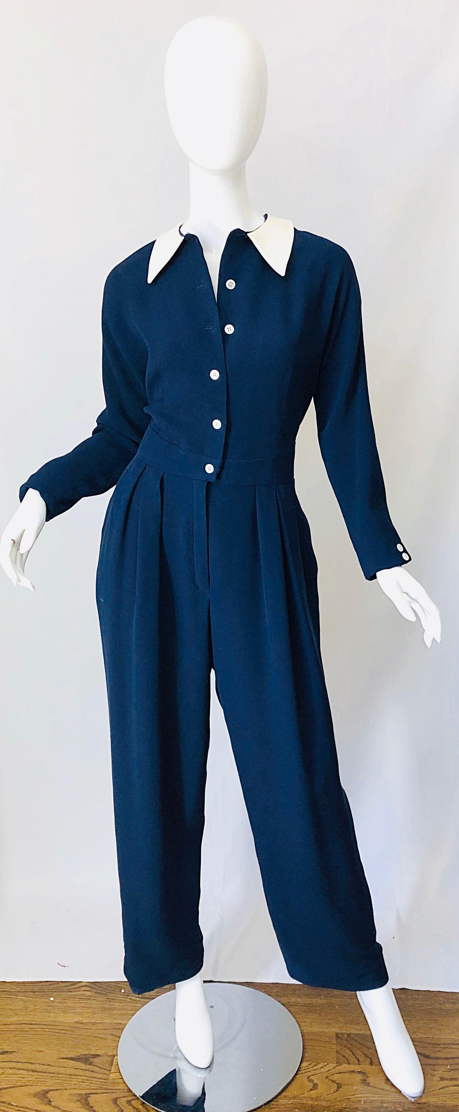 Black Vintage Geoffrey Beene Size 12 Navy Blue White Silk 80s Jumpsuit 1980s Nautical For Sale