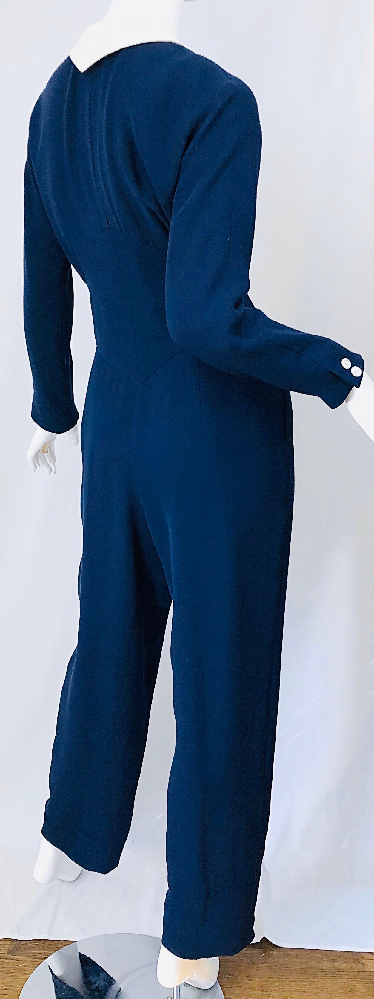 Vintage Geoffrey Beene Size 12 Navy Blue White Silk 80s Jumpsuit 1980s Nautical In Excellent Condition For Sale In San Diego, CA