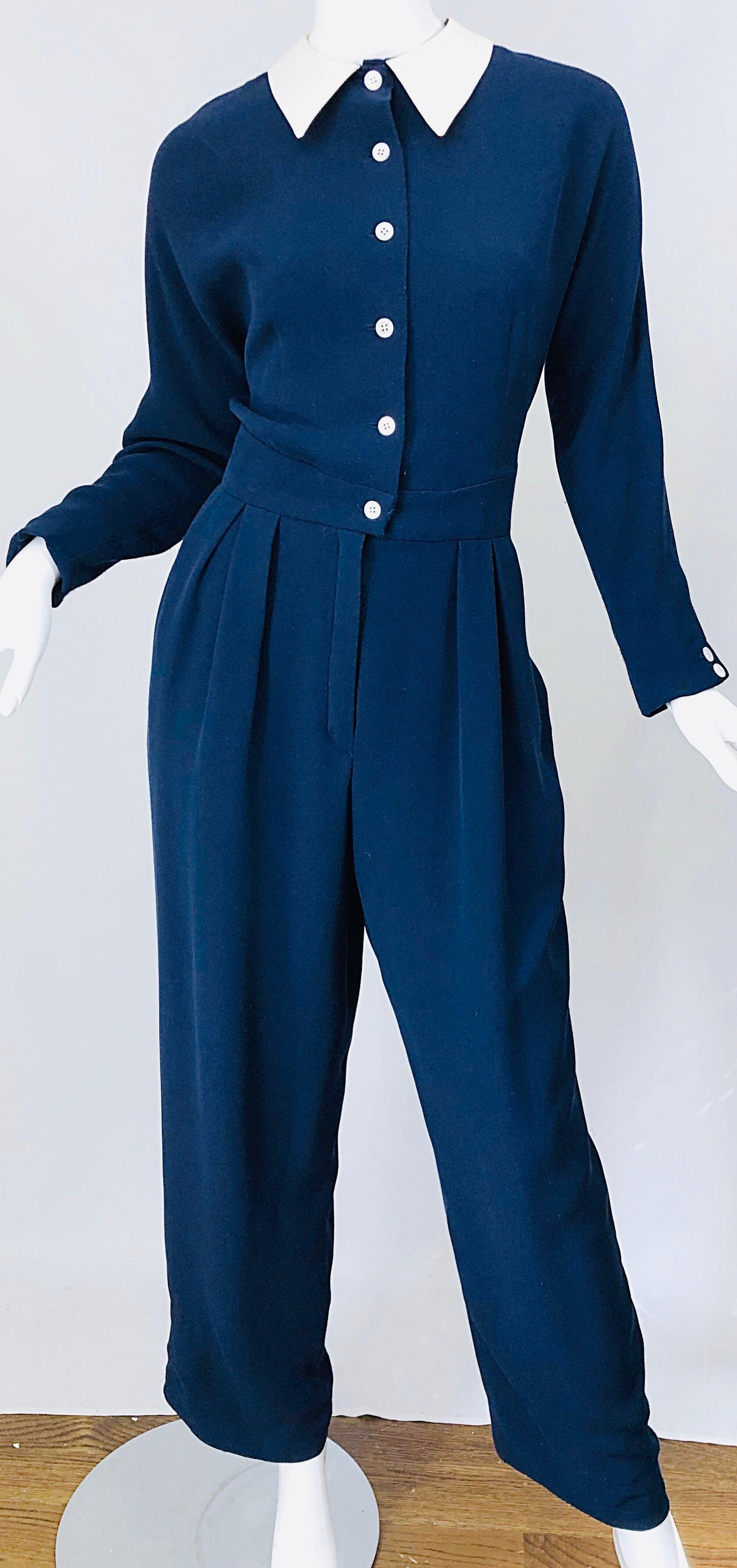 Vintage Geoffrey Beene Size 12 Navy Blue White Silk 80s Jumpsuit 1980s Nautical For Sale 1