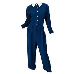 Retro Geoffrey Beene Size 12 Navy Blue White Silk 80s Jumpsuit 1980s Nautical