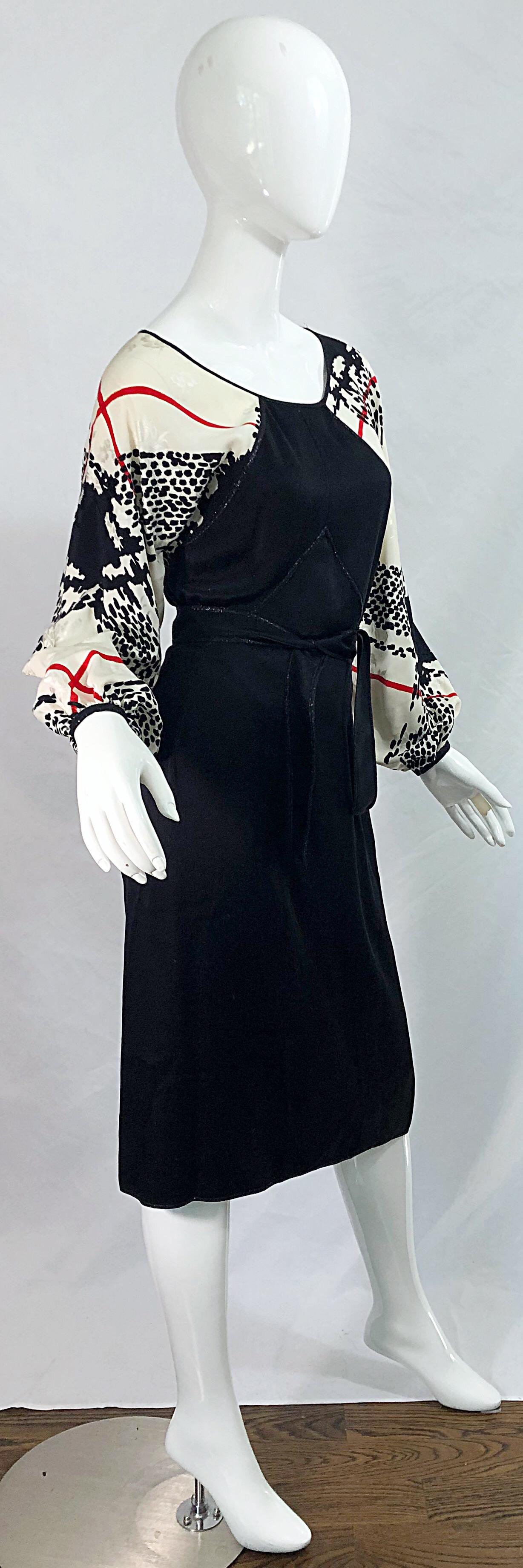 Vintage Geoffrey Beene 1980s Size 6 Houndstooth Black White Red Silk 80s Dress For Sale 3