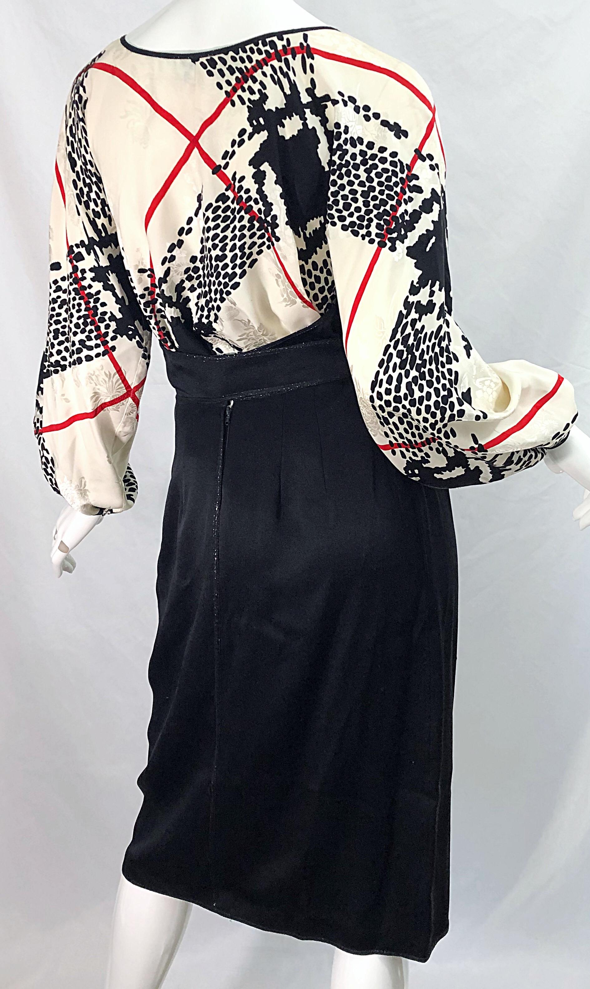 Vintage Geoffrey Beene 1980s Size 6 Houndstooth Black White Red Silk 80s Dress For Sale 4