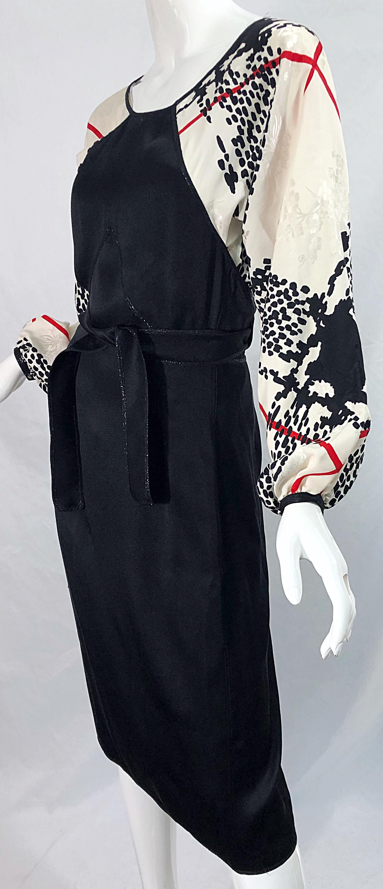 Vintage Geoffrey Beene 1980s Size 6 Houndstooth Black White Red Silk 80s Dress For Sale 5