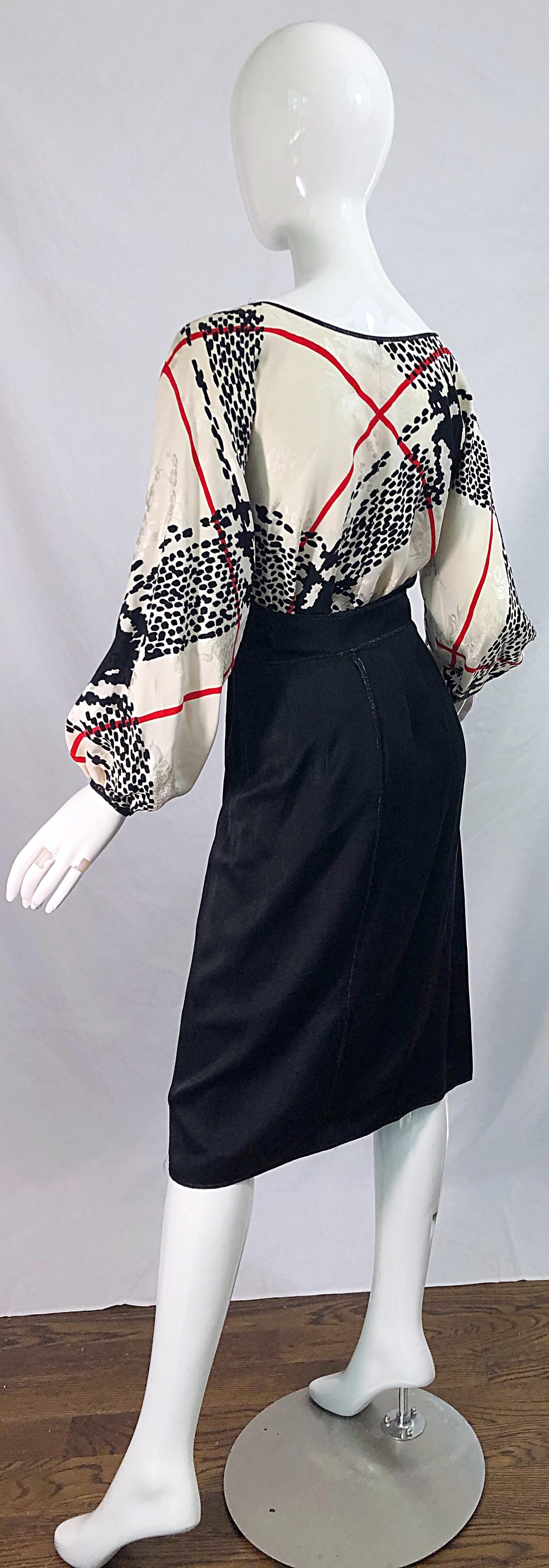 Vintage Geoffrey Beene 1980s Size 6 Houndstooth Black White Red Silk 80s Dress For Sale 6