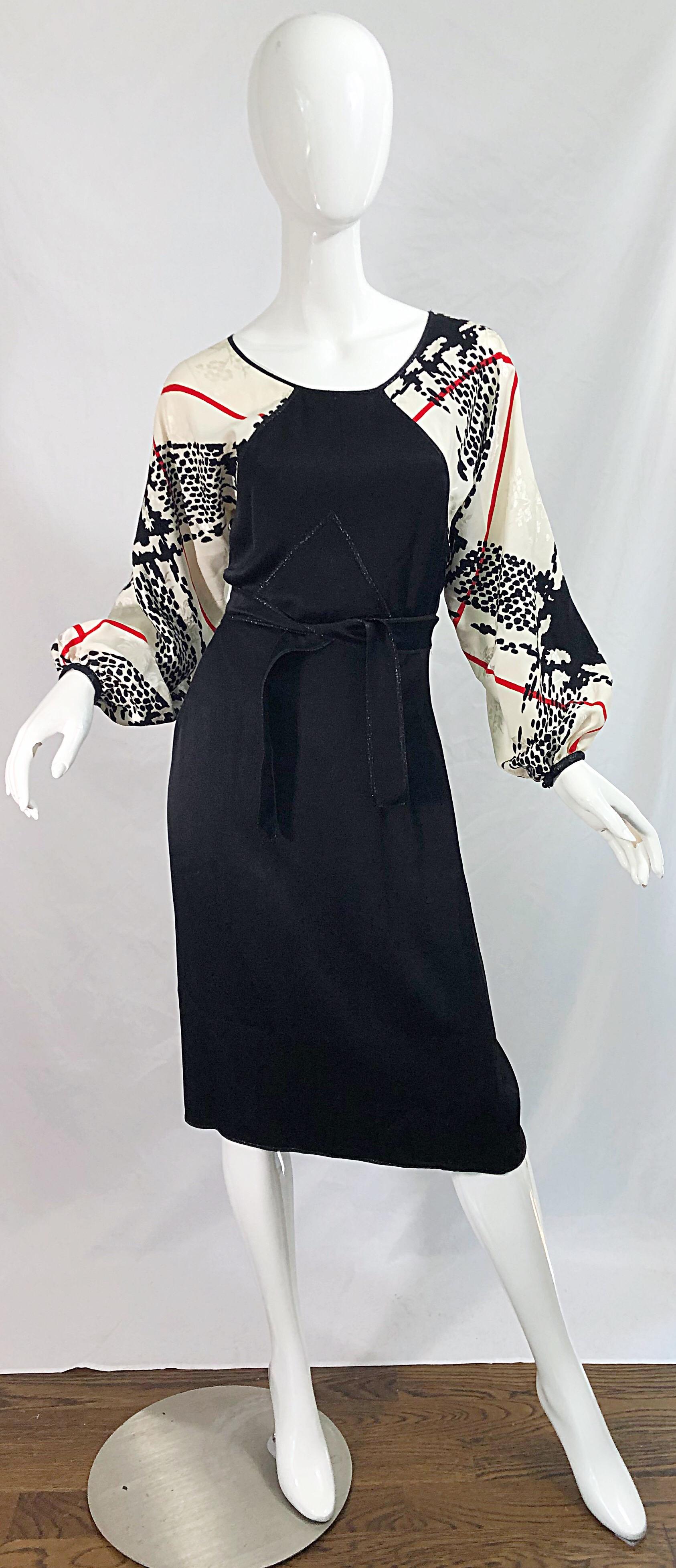 Vintage Geoffrey Beene 1980s Size 6 Houndstooth Black White Red Silk 80s Dress For Sale 7