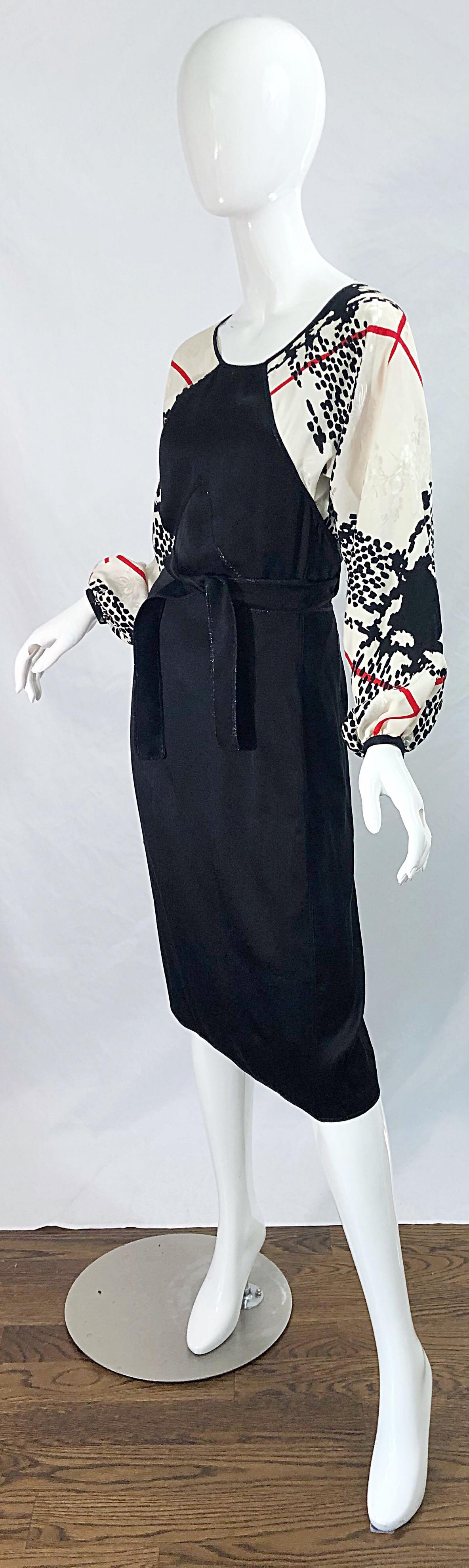 Vintage Geoffrey Beene 1980s Size 6 Houndstooth Black White Red Silk 80s Dress In Excellent Condition For Sale In San Diego, CA