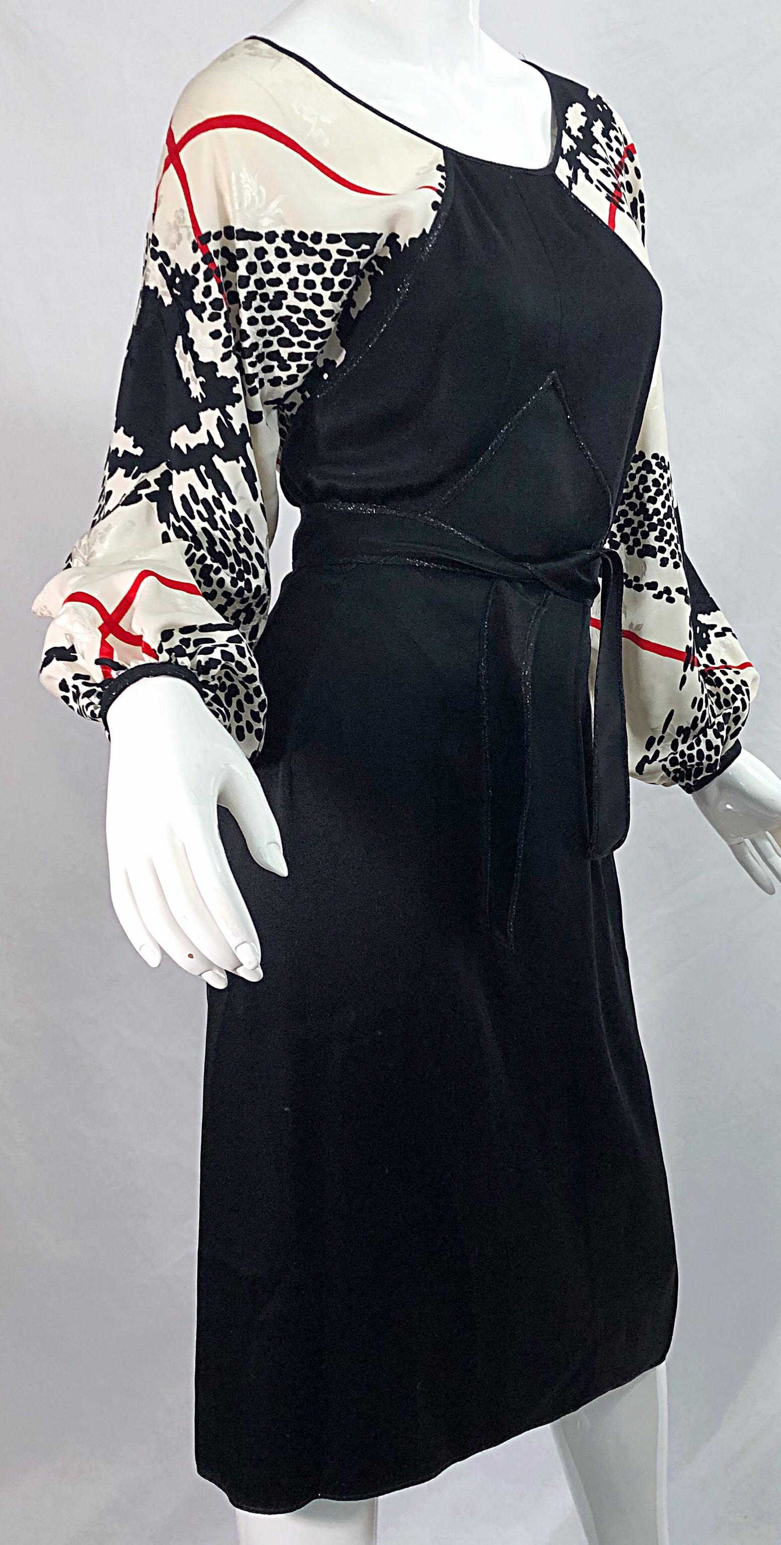 Women's Vintage Geoffrey Beene 1980s Size 6 Houndstooth Black White Red Silk 80s Dress For Sale