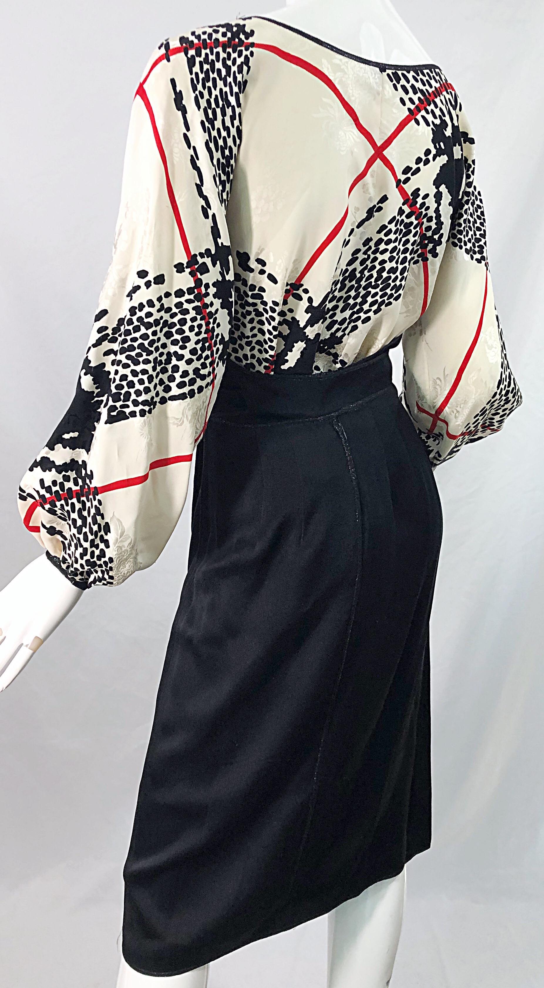 Vintage Geoffrey Beene 1980s Size 6 Houndstooth Black White Red Silk 80s Dress For Sale 1