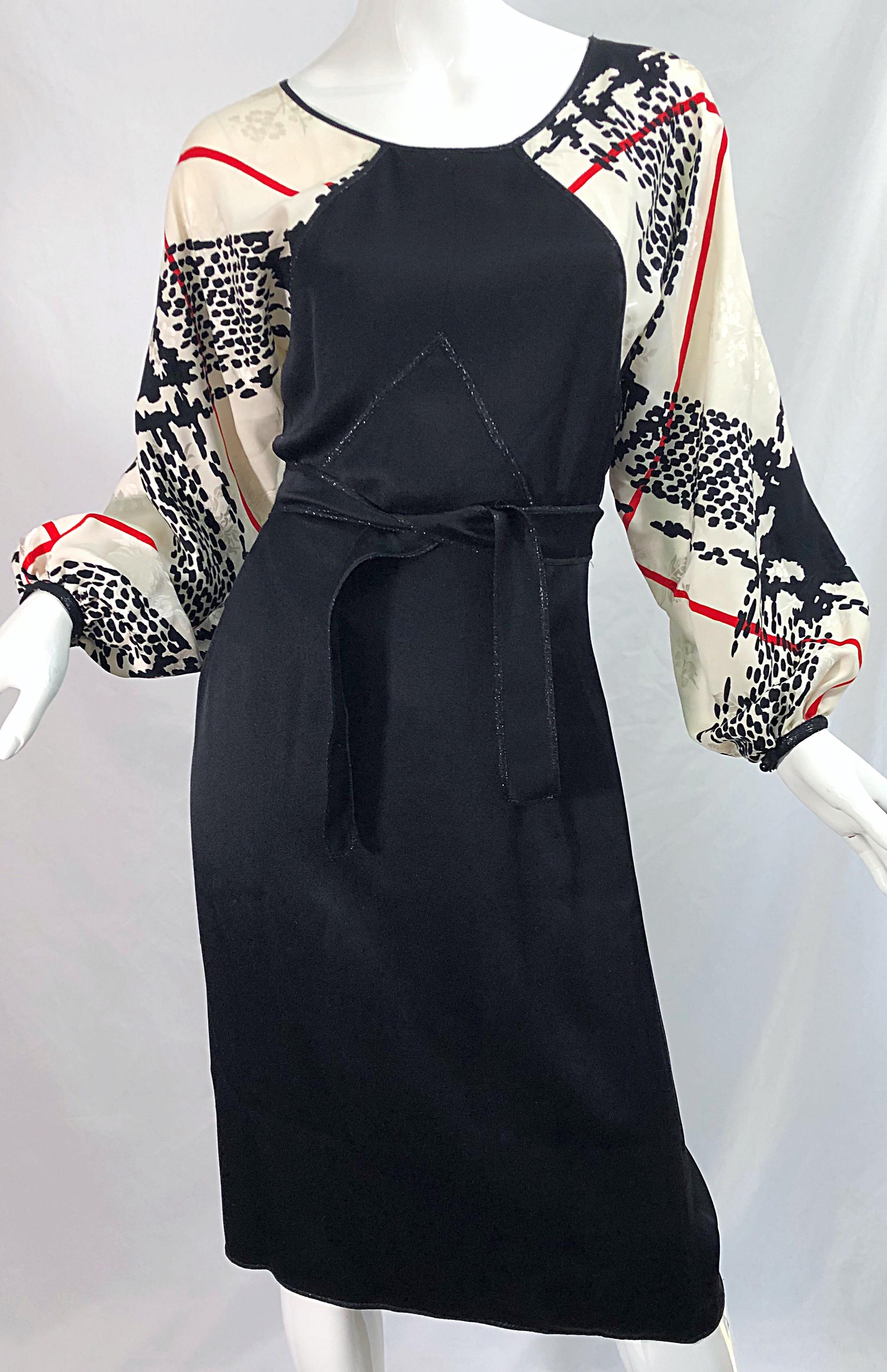 Vintage Geoffrey Beene 1980s Size 6 Houndstooth Black White Red Silk 80s Dress For Sale 2