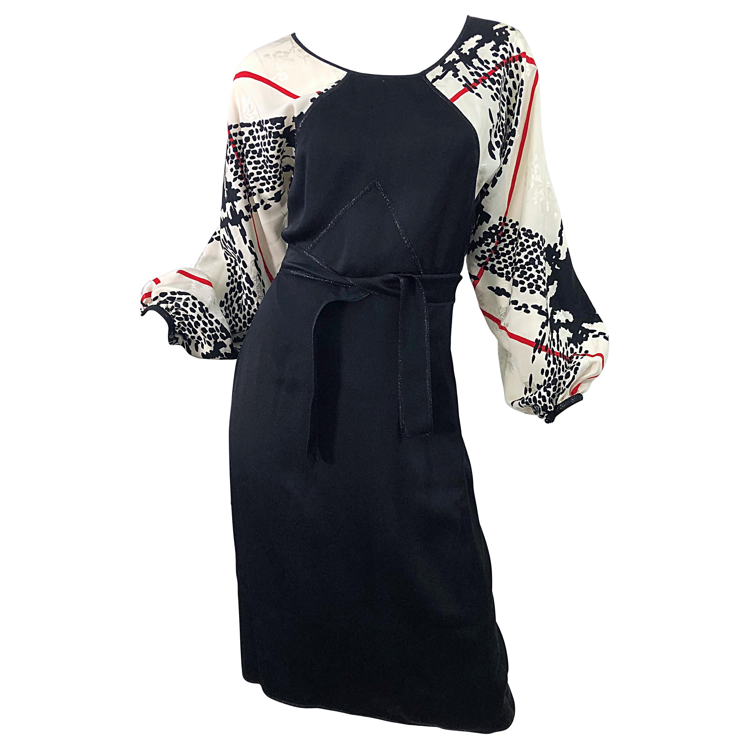 Vintage Geoffrey Beene 1980s Size 6 Houndstooth Black White Red Silk 80s Dress For Sale