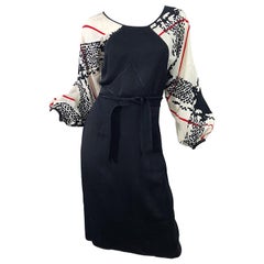 Vintage Geoffrey Beene 1990s Size 6 Houndstooth Black White Red Silk 90s Dress