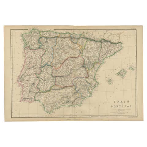 Spain and Portugal, Antique Hand-Colored Map of the Iberian Peninsula, 1859