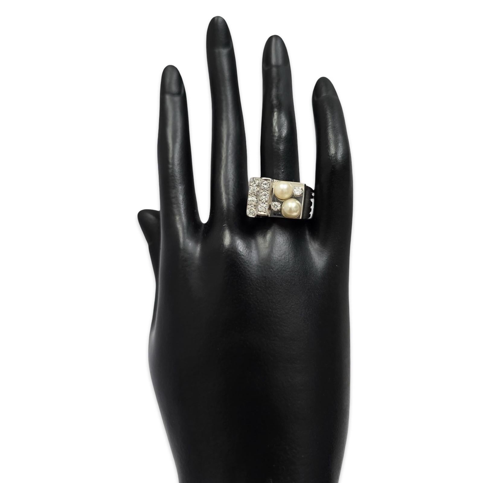 Vintage Geometrischer 1,00ctw Diamanten und Perlen Ring 14k Weißgold (Rundschliff) im Angebot