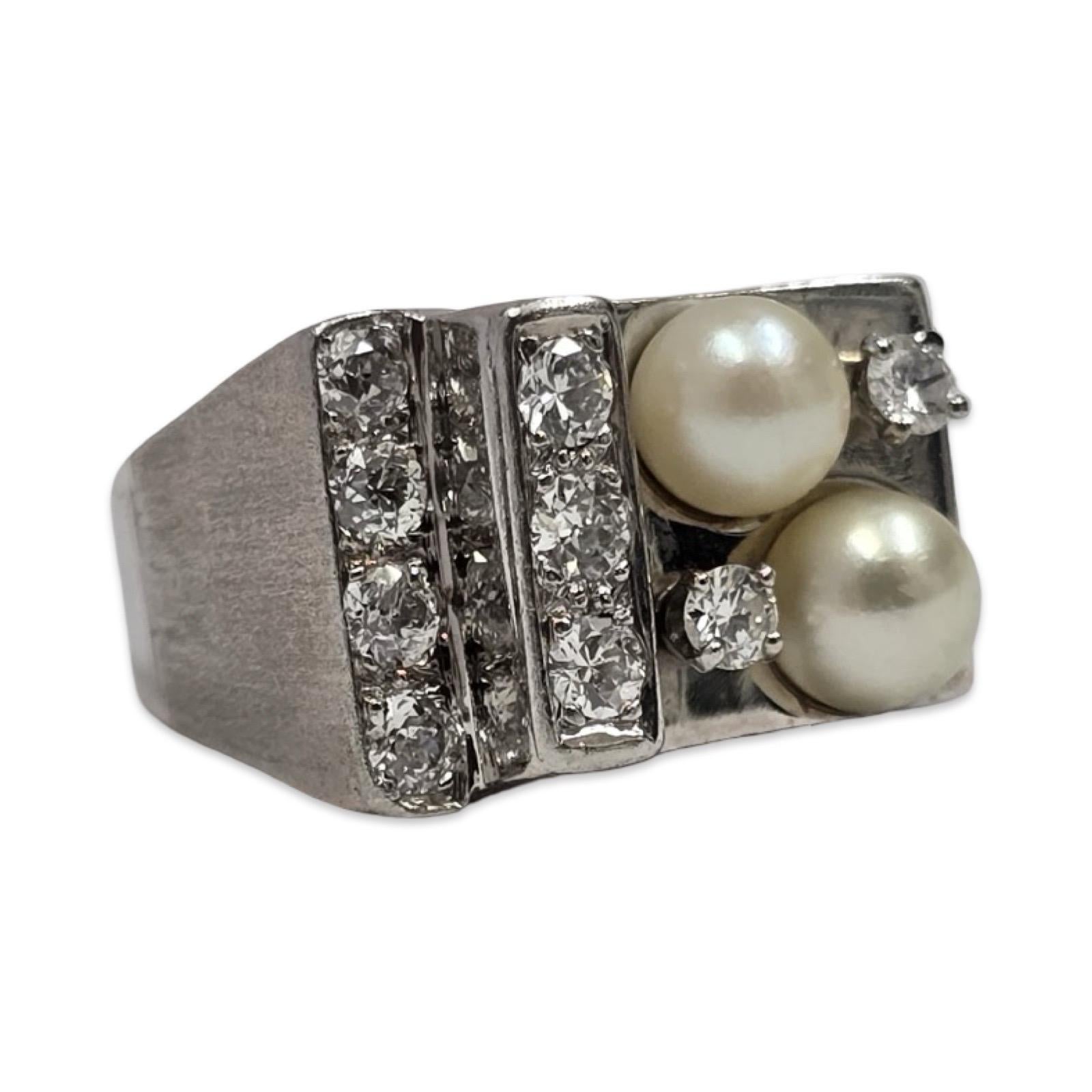 Vintage Geometrischer 1,00ctw Diamanten und Perlen Ring 14k Weißgold im Zustand „Gut“ im Angebot in Miami, FL