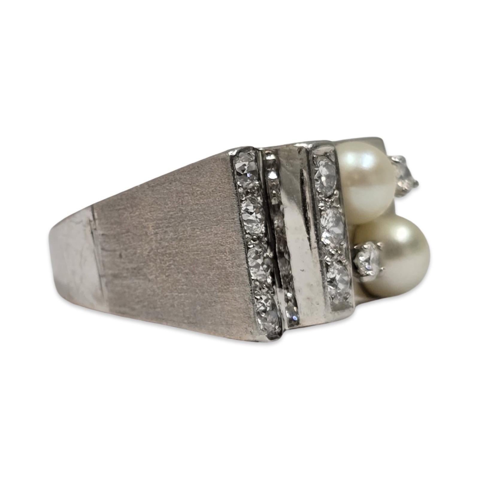Vintage Geometrischer 1,00ctw Diamanten und Perlen Ring 14k Weißgold für Damen oder Herren im Angebot