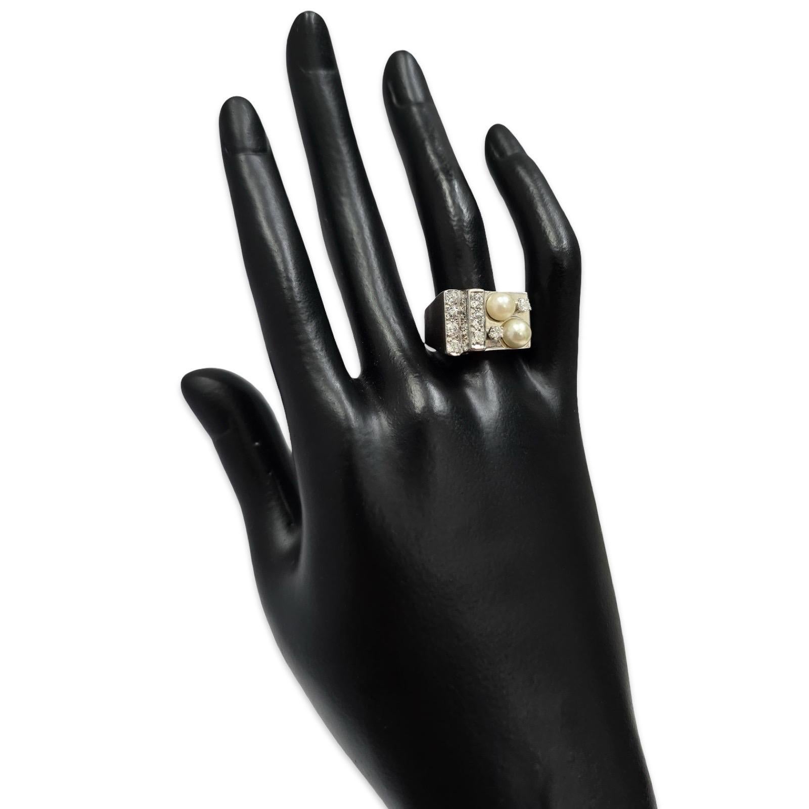 Vintage Geometrischer 1,00ctw Diamanten und Perlen Ring 14k Weißgold im Angebot 2