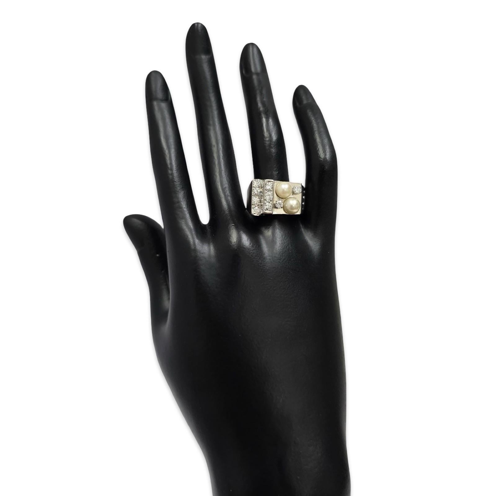 Vintage Geometrischer 1,00ctw Diamanten und Perlen Ring 14k Weißgold im Angebot 3