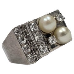 Vintage Geometrischer 1,00ctw Diamanten und Perlen Ring 14k Weißgold