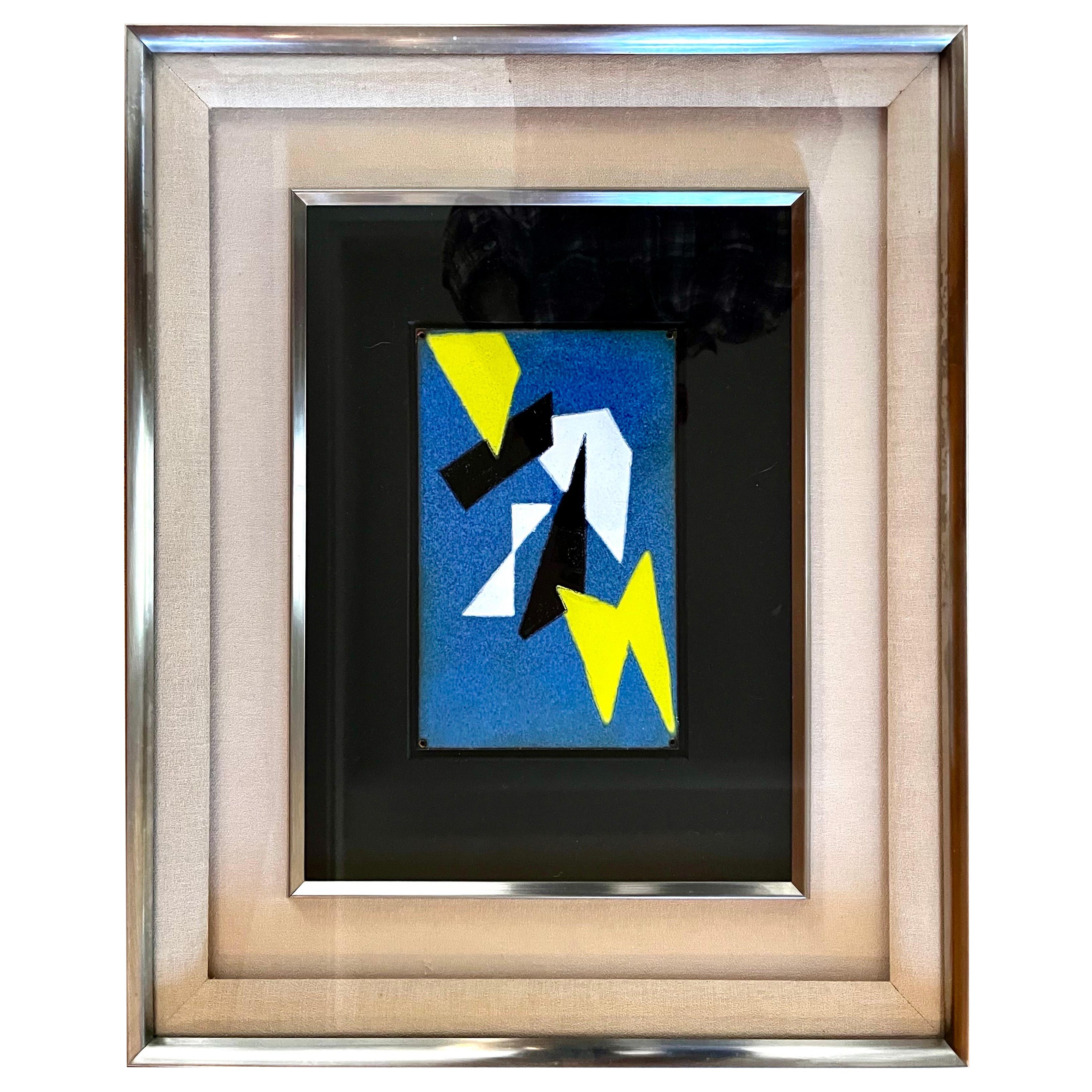 Vintage Geometric Abstract Enamel on Copper in Elaborate Stainless Steel Frame