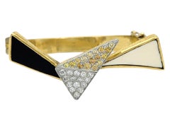 Vintage Geometrischer Armreif mit gelben und weißen Diamanten 18K Gold und Emaille