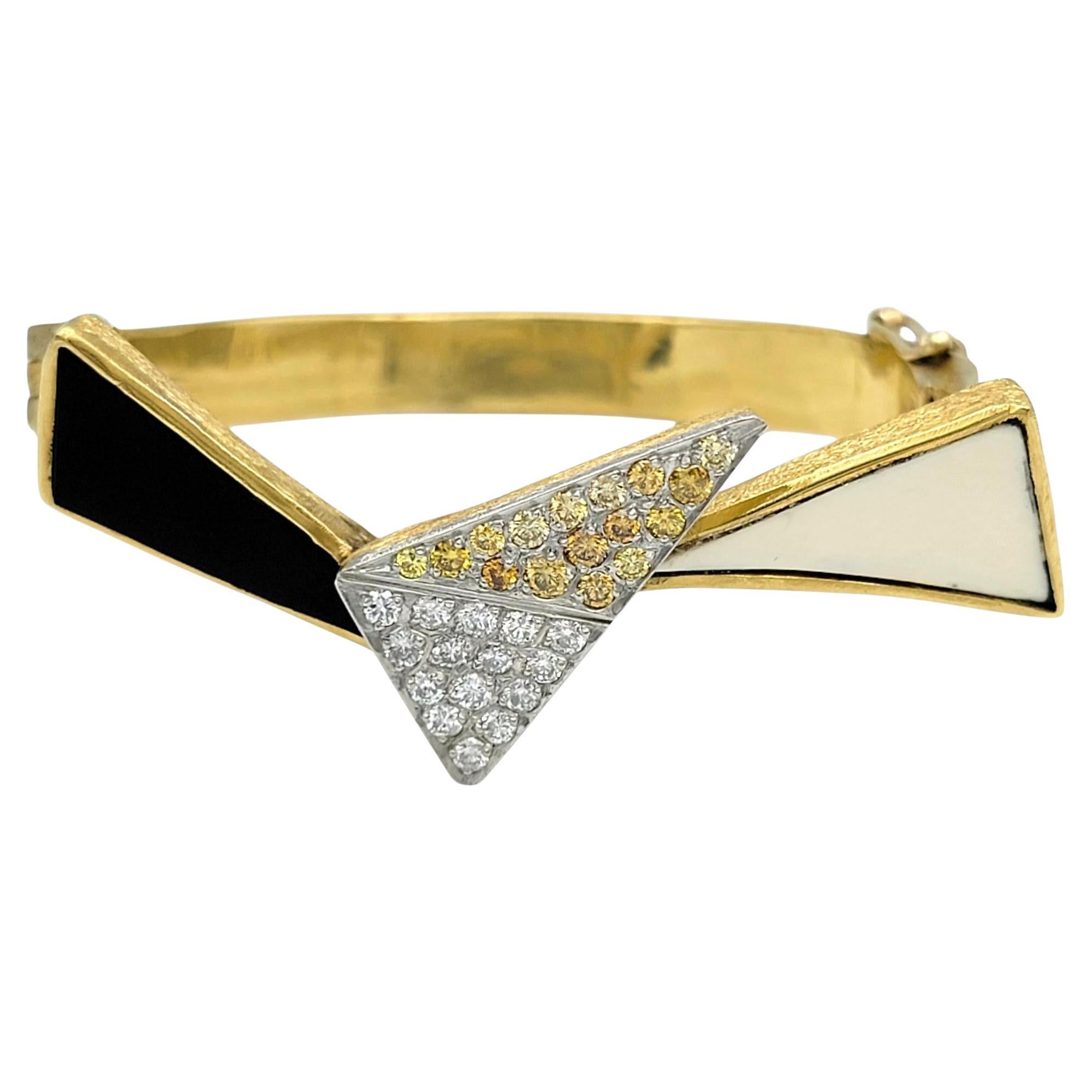 Vintage Geometric Bangle with Yellow and White Diamonds 18K Gold and Enamel For Sale