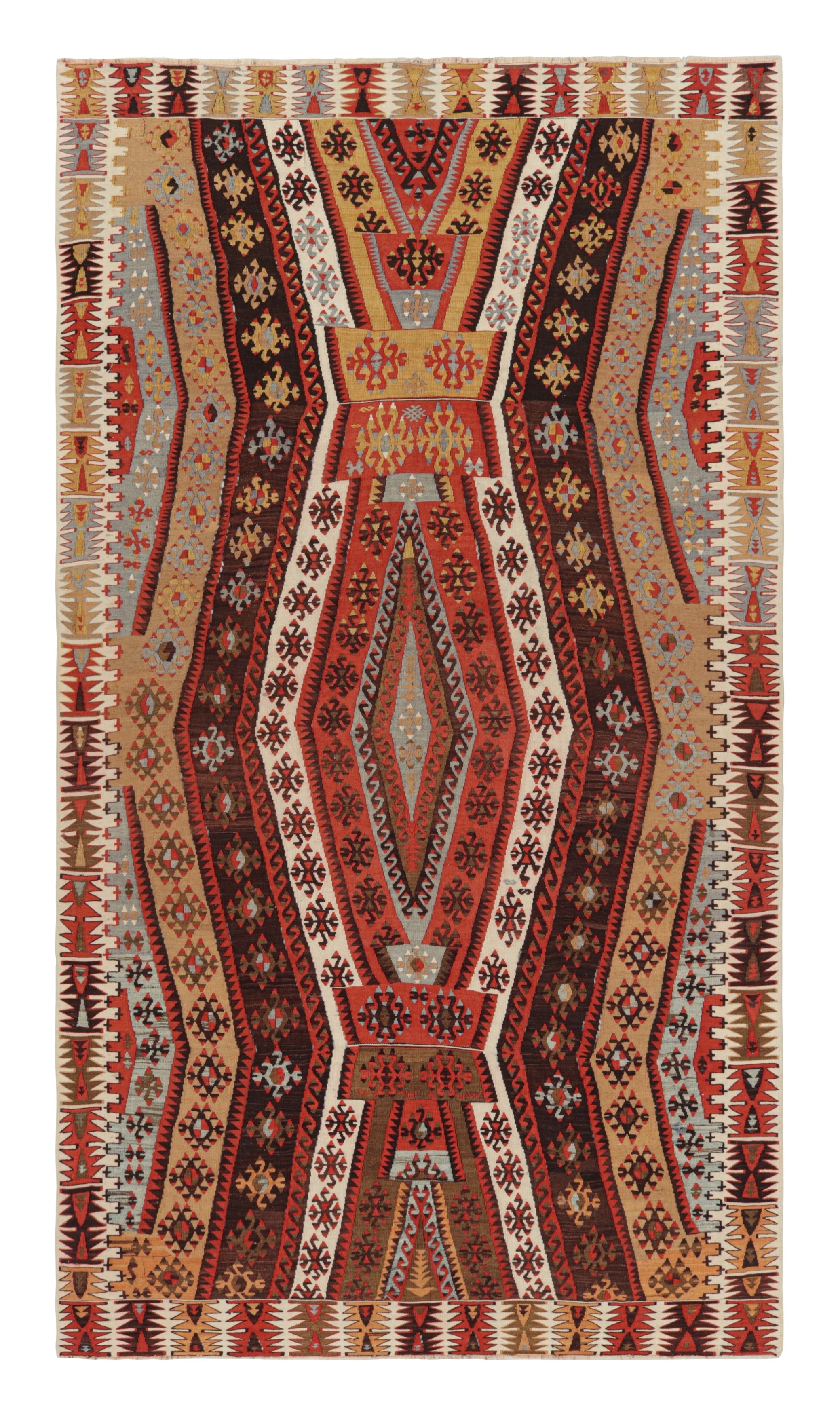 Vintage Geometric Beige Brown and Red Wool Kilim Rug by Rug & Kilim For Sale