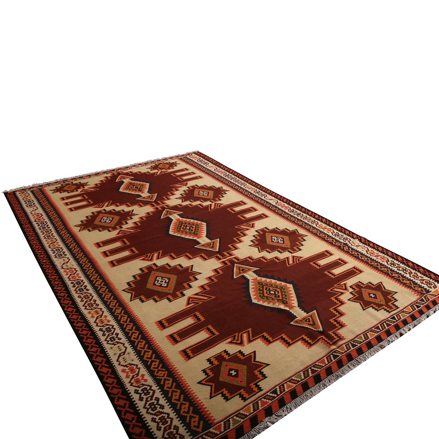 Handwoven in wool originating from Persia between 1950-1960, this vintage midcentury Azerbaijan Kilim rug offers both ideal traditional elements and an exciting, unique series of accents through the play of orange and red highlights surrounding the